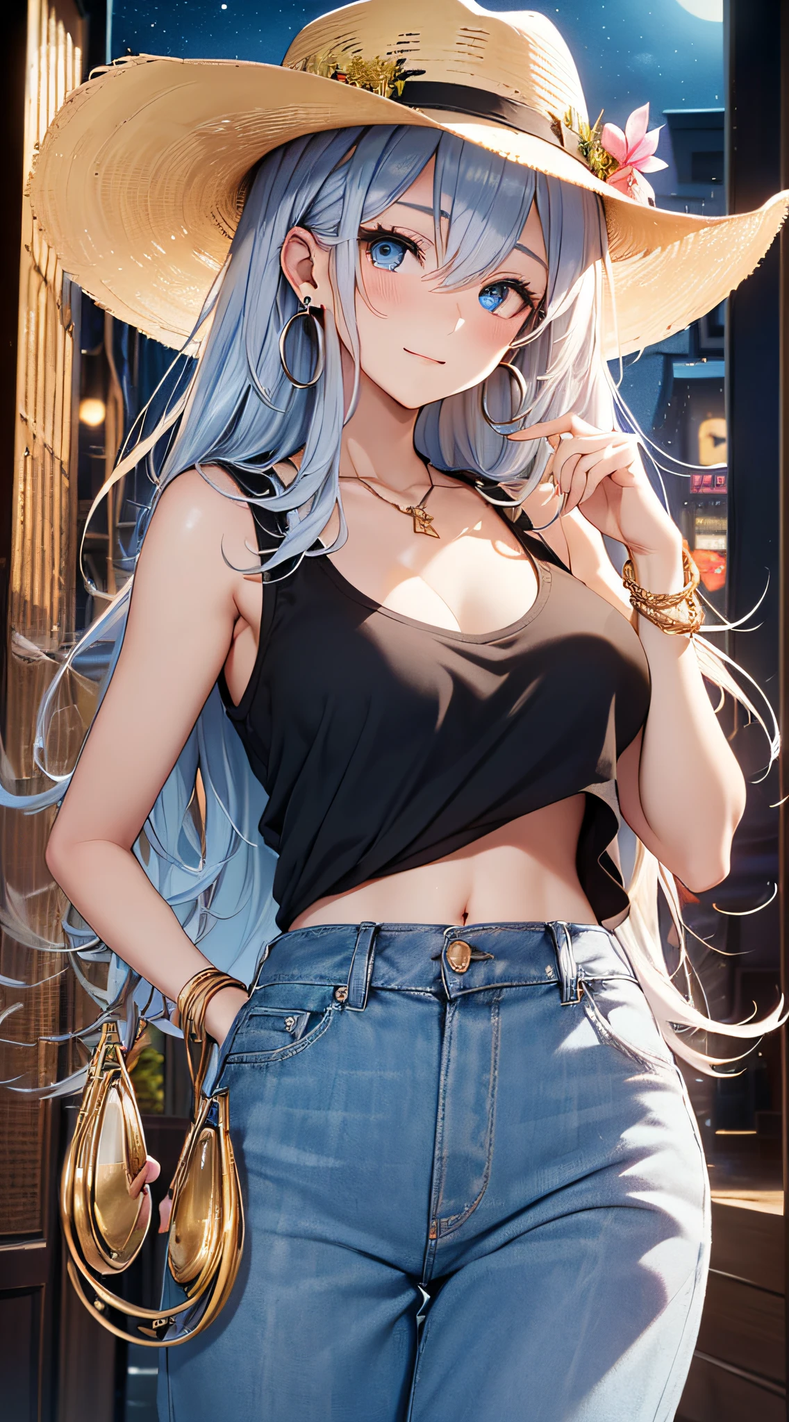 top-quality、Top image quality、​masterpiece、girl with((18year old、 Beautiful Aloha Shirts、White navel tank top、Black vest、Blue long trousers、Best Bust、Bust 85、a blond、Semi-long、Cowboy Hat、Blue eyes、open chest wide、Valley、Happiness、A slender、Shy face、Gold Earrings、Silver keychain at waist........、Seduction poses、Reach out、bending forward)）hiquality、Beautiful Art、Background with((Beautiful night city in Hawaii))、masutepiece、Elaborate design、visualart