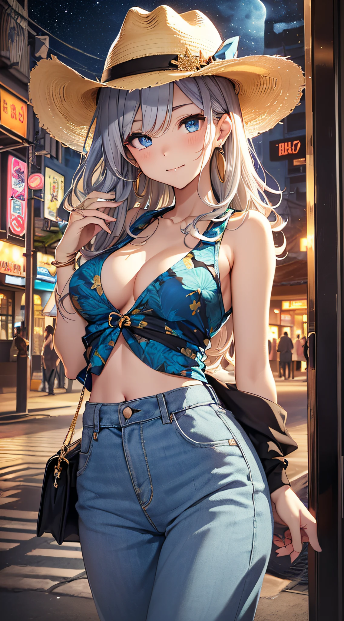 top-quality、Top image quality、masterpiece、girl with((18year old、 Beautiful Aloha Shirts、White navel tank top、Black vest、Blue long trousers、Best Bust、Bust 85、a blond、Semi-long、Cowboy Hat、Blue eyes、open chest wide、Valley、Happiness、A slender、Shy face、Gold Earrings、Silver keychain at waist........、Seduction poses、Reach out、bending forward))hiquality、Beautiful Art、Background with((Beautiful night city in Hawaii))、masutepiece、Elaborate design、visualart