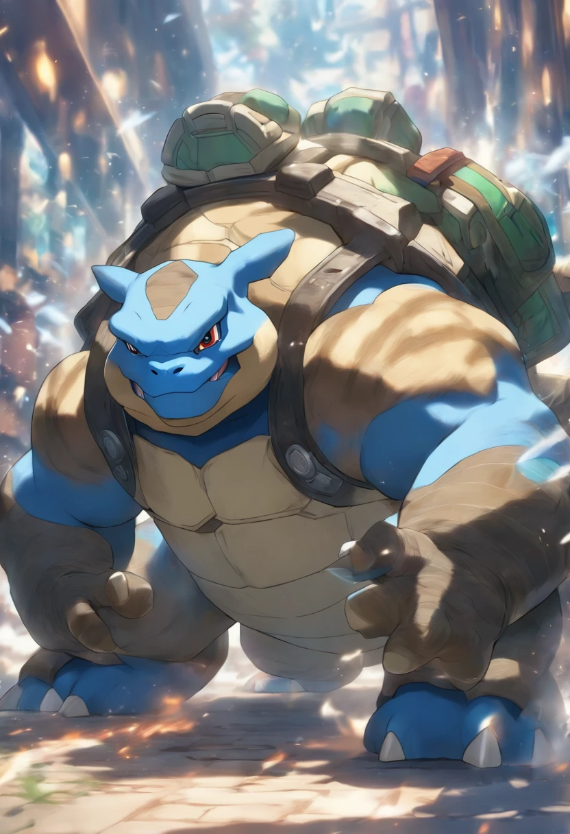 Blastoise is training bench presses,Highest image quality,Cinematic texture,A masterpiece,tmasterpiece,two gunes at the bag