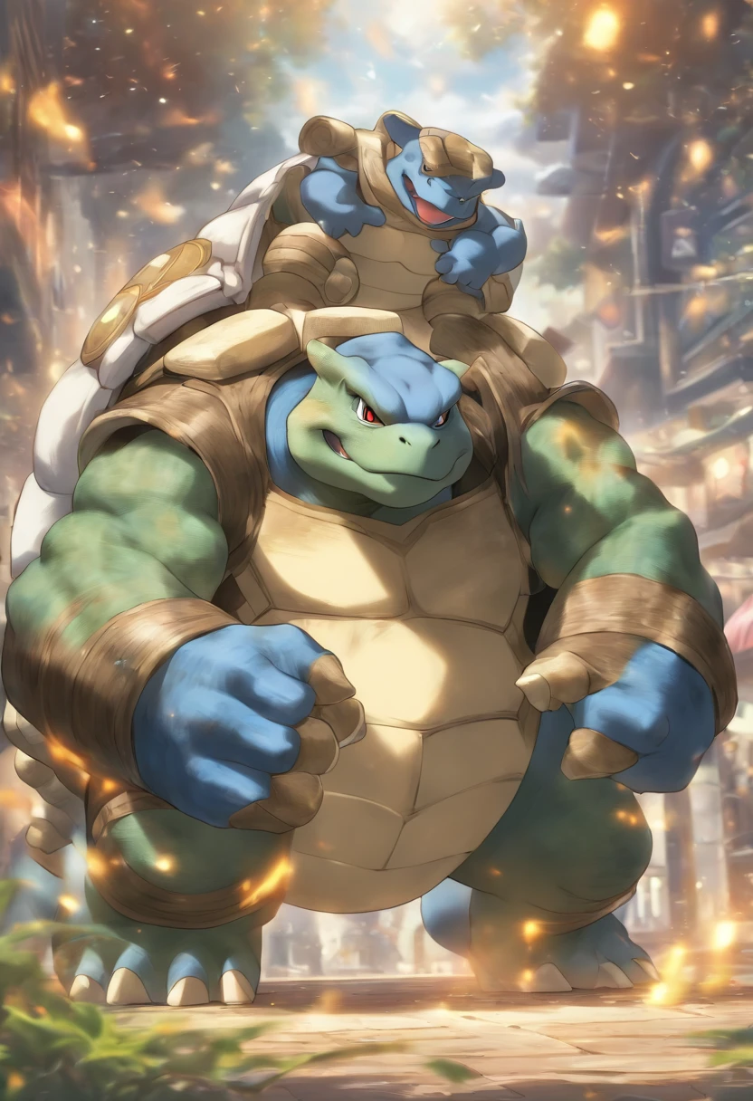 Blastoise is training bench presses,Highest image quality,Cinematic texture,A masterpiece,tmasterpiece,two gunes at the bag