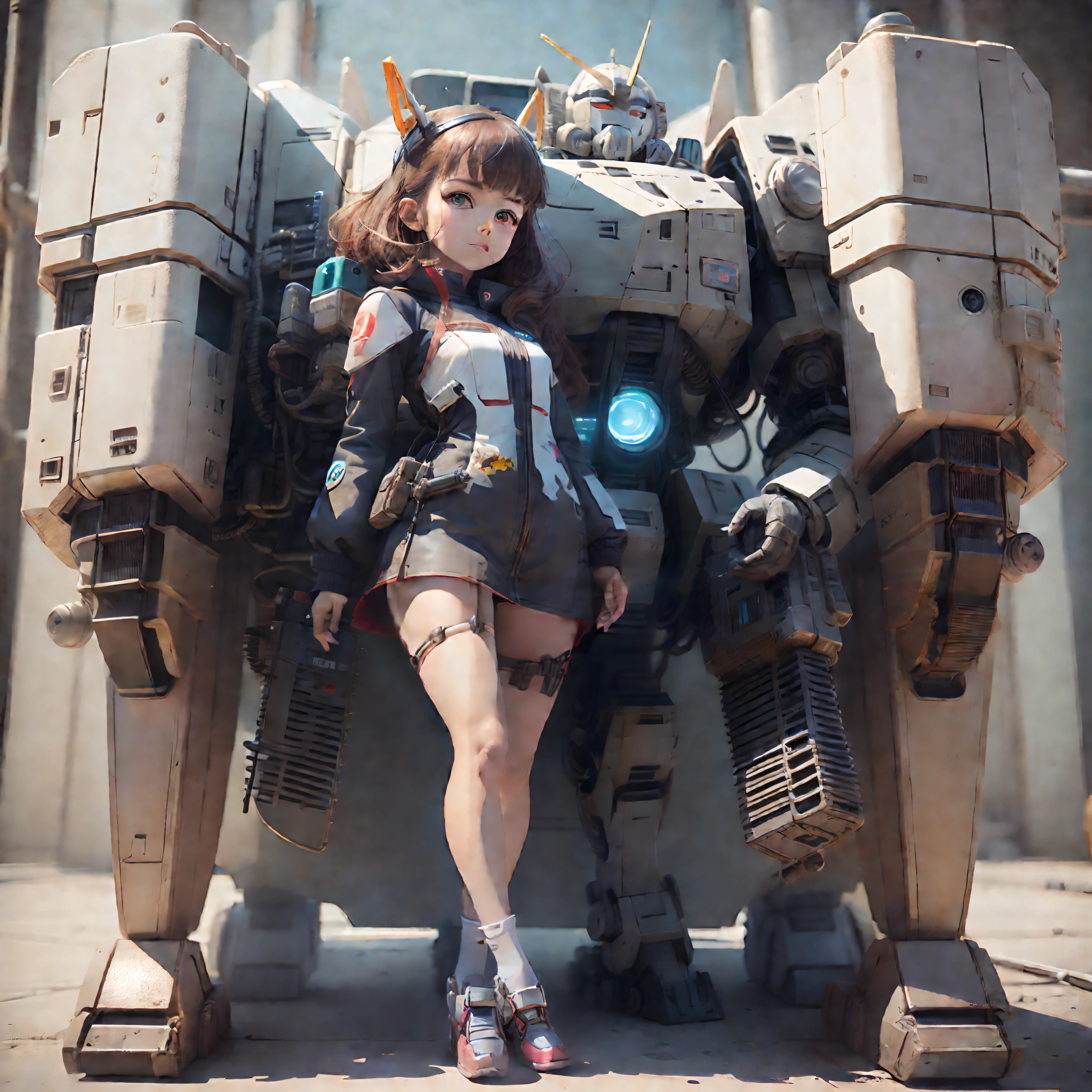 There is a mini Gundam mech, cute, 3d rendering, little robot, portrait female anime, cute 3d anime rendering, cute detailed digital art, mini cute mech, 3d rendering stylized, 3d rendered character art 8k, cute digital painting, anime style 3d, super detailed rendering, weapon in hand, delicate face,