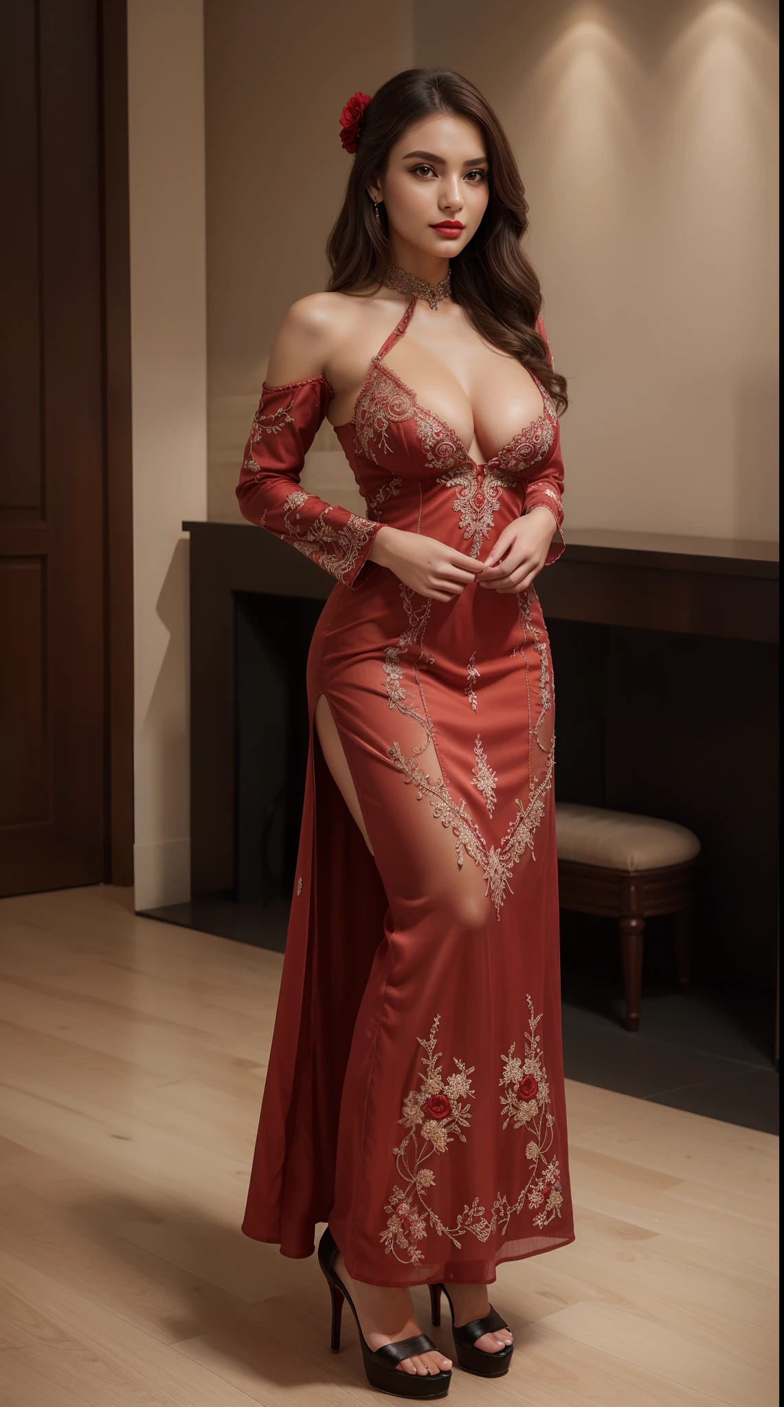(full body shot:1.5), (Masterpiece:1.1), standing position, 1girl, solo girl, 20 year old girl, ultra realistic face, hyperrealistic, hyperdetailed, (looking at viewers), sharpen, detailed face, detailed eyes, detailed lips, red lips, beautiful face, 16k, FHD, raw photo, cute face mesh, pretty face mesh, girl in luxury office, beautiful hair style, hair tied, ((elegant long dress), beautiful embroidery luxury maxi, full neck shape maxi with full sleeve, down mini pleated), intricate, extremely detailed, (perfect boobs, long areola, perky boobs, close cleavage), scattering surface, ultra realistic texture, smooth skin, realistic face, red lip, glow face, very_high_resolution, perfect figure beautiful curved body, fit body, (elegant high heel), club hair ornament,