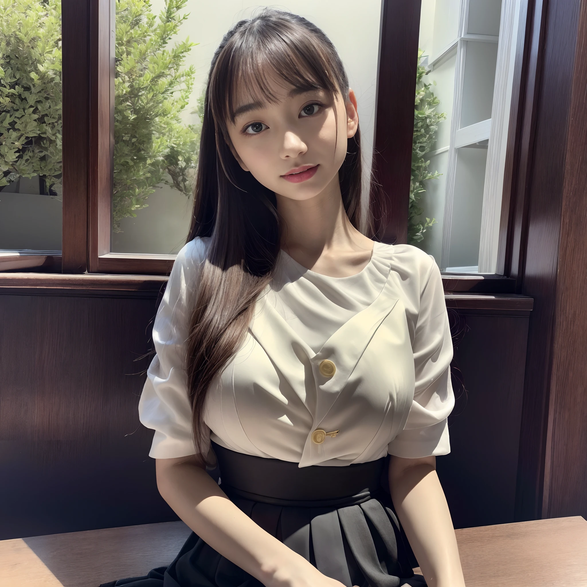 High resolution, (Photorealistic, High resolution:1.4), Raw photo, (Realistic, Photorealsitic:1.37),2 young girl, japanes,Beautiful girl of the highest grade, Super beautiful detailed face, ((disproportionate-breasted)), (Details of a very beautiful face), (Best Quality:1.4), 8K resolution,(Japanese-style café in Kyoto:1.5)Beautiful garden view from the window, Sitting on a chaise longue.White water cup, afternoon tea, Gloss on lips, Long hair, Parted lips, Staring at me, Black lace clothes、Skirt, flowers print,