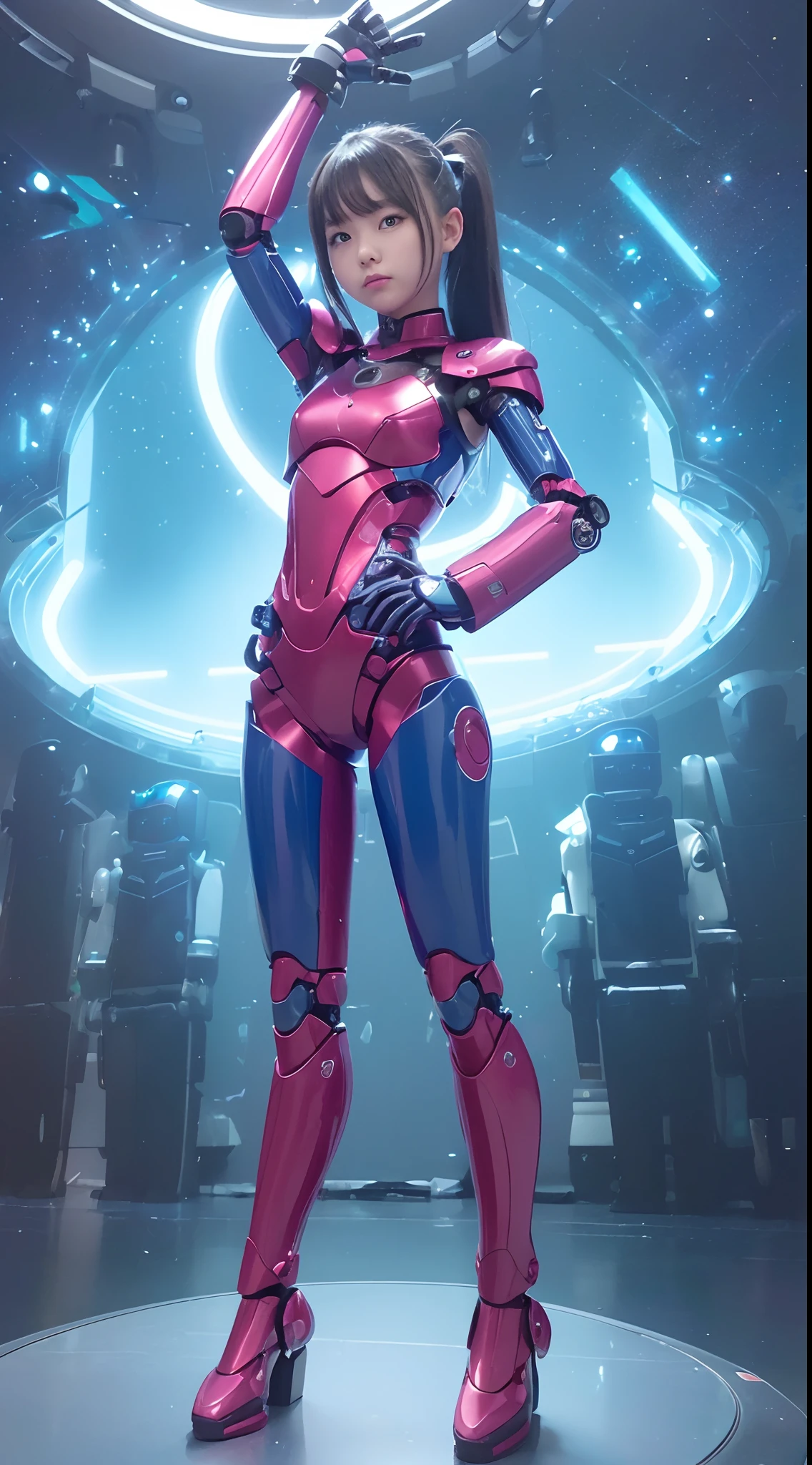 (Photorealsitic:1.4)、one girl、(top-quality)、(hyperdetailed face)、(Super well-formed face)、((Robot Parts))、(Robot Girl)、(Blue)、(pink there)、(Burgundy)、(metallic)、(full-body)、(sexy pose)、(Slender body)、(Model body type)、(full body mech)、(mechanical exposure)、(Akihabara)、(is looking at the camera)、(A dark-haired)、(Well-proportioned girl)、(a small face)、(Idol)、(front facing)、(Standing with legs open)、(Hands on hips)、(Photo session)、(Looks sad)、(perfect-robot-girl)