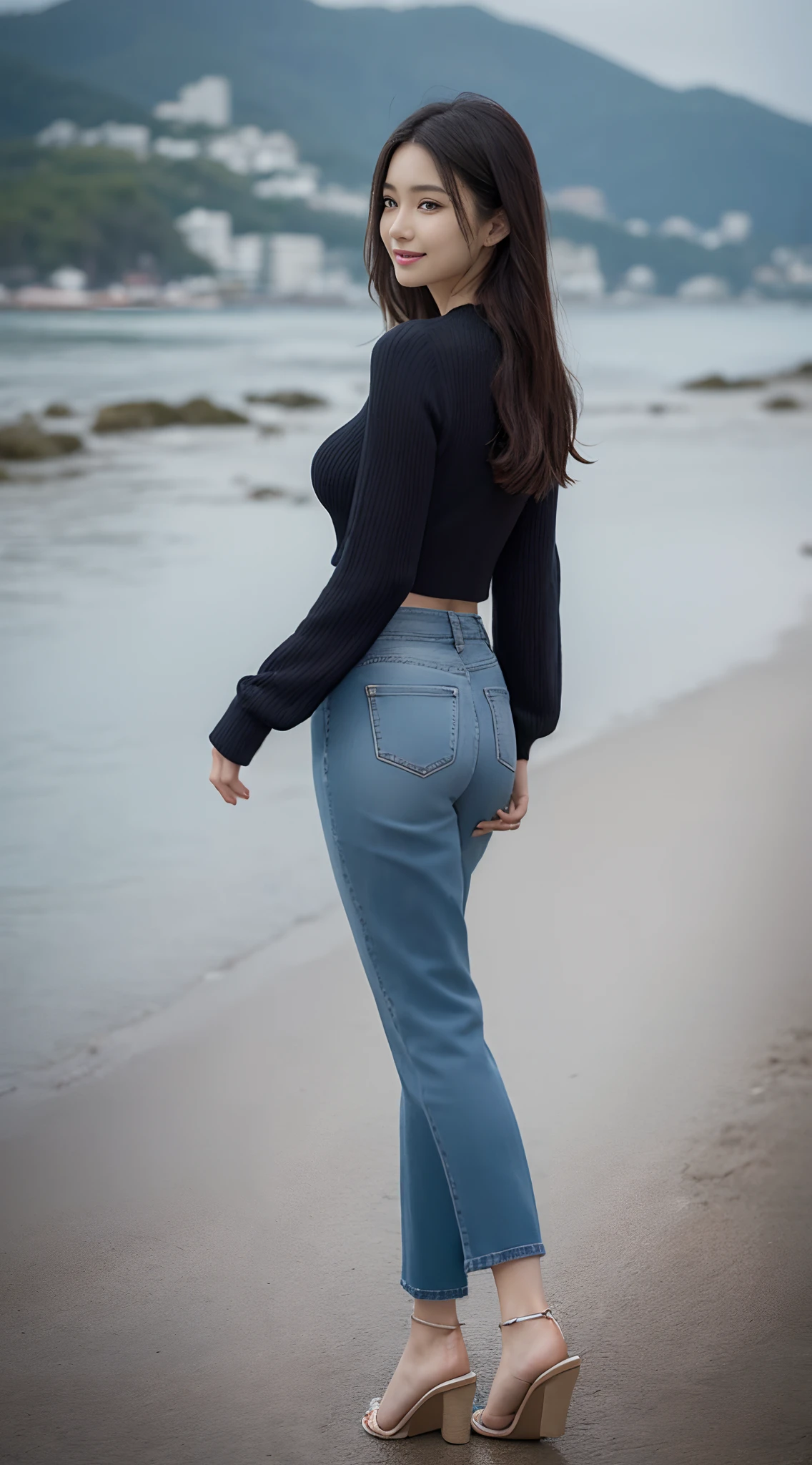 ((Best quality, realisticlying, 8k ultra high definition, Masterpiece: 1.3)), Focus: 1.5, Slim and slim figure，Petite，being thin: 1.4, (long beautiful hair，hair straight，Brown Black，Delicate hair)), (Wet clothes: 1.1) , (rain, sea beach: 1.3), 1 beautiful maiden（18yr old）, 独奏，Black slip sweater, No bra, Raised  cleavage, Petite: 1.5,  Thin waist，Small buttocks，The flat lower abdomen is exposed，Stylish long jeans，（Low Waist），（Open navel）, （Branded fashion flared pants:1.2）, （Stylish washed blue trousers:1.2），Premium texture: 1.3, High-quality granularity, (Nice little crystal sandals: 1.2), Legs are well-proportioned，Highly detailed face and skin texture,petty face，Super nice looking， Beautiful eyes, 二重まぶた , delicated， beautifuldetails， Fair face and skin, Smile, Toothy，lipsticks，There are dimples，(female focus, waistup &  focus, close focus, hdr shot）, Legs together, varied pose，taken  (full bodyesbian: 1.8))