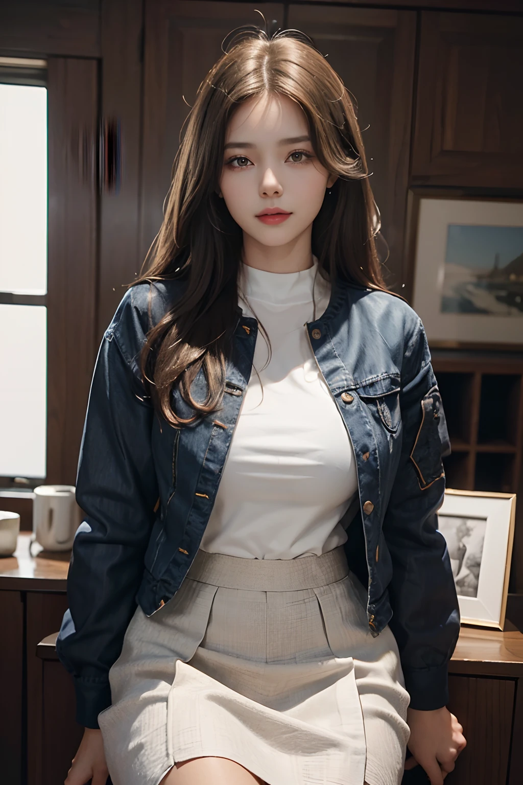 ((Best quality, Masterpiece :1.3)), Sharp focus :1.2, (A pretty woman with perfect figure :1.4), (Slender:1.2), (long layered hair:1.2), (huge breasts :1.2), (White round-neck shirt :1.3), office wear, (navy blue jacket:1.2), (Long brown flare-skirt:1.3), office background, (Black pantyhose), (Highly detailed face and skin texture:1.2), Detailed eyes, Double eyelid, long eyelashes, glitter eye shadow, glossy lips, shy smile, first-person view, f/2.8, 135mm, Nikon, 8k, anatomically correct, textured skin, high details, best quality, highres, HD, 4K