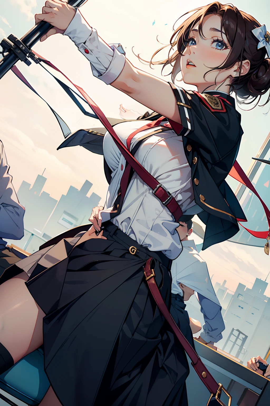 Male and female couples Girl sitting on a chair wearing a tight skirt over a blouse。Boys hugging each other from behind。Boy in high school long pants uniform with mash cut hairstyle。Without glasses