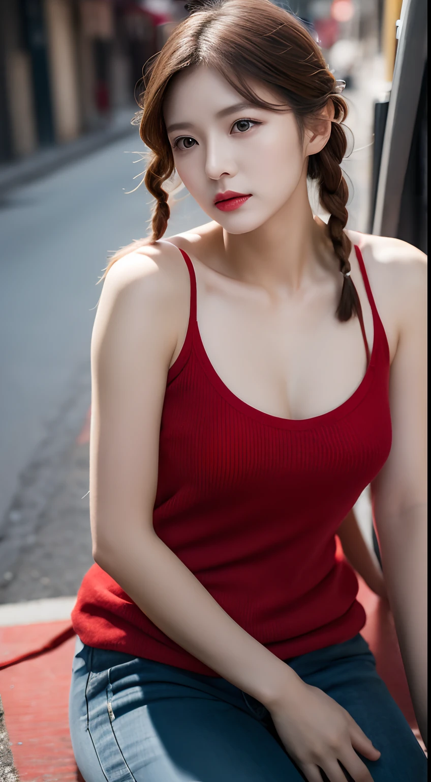 Realistic photos of (1 cute Korean star) single braid, thin makeup, 32 inch breasts size, wearing red and black camisole, sitting at the alley, with crowded, upper body portrait, cinematic lightning, UHD