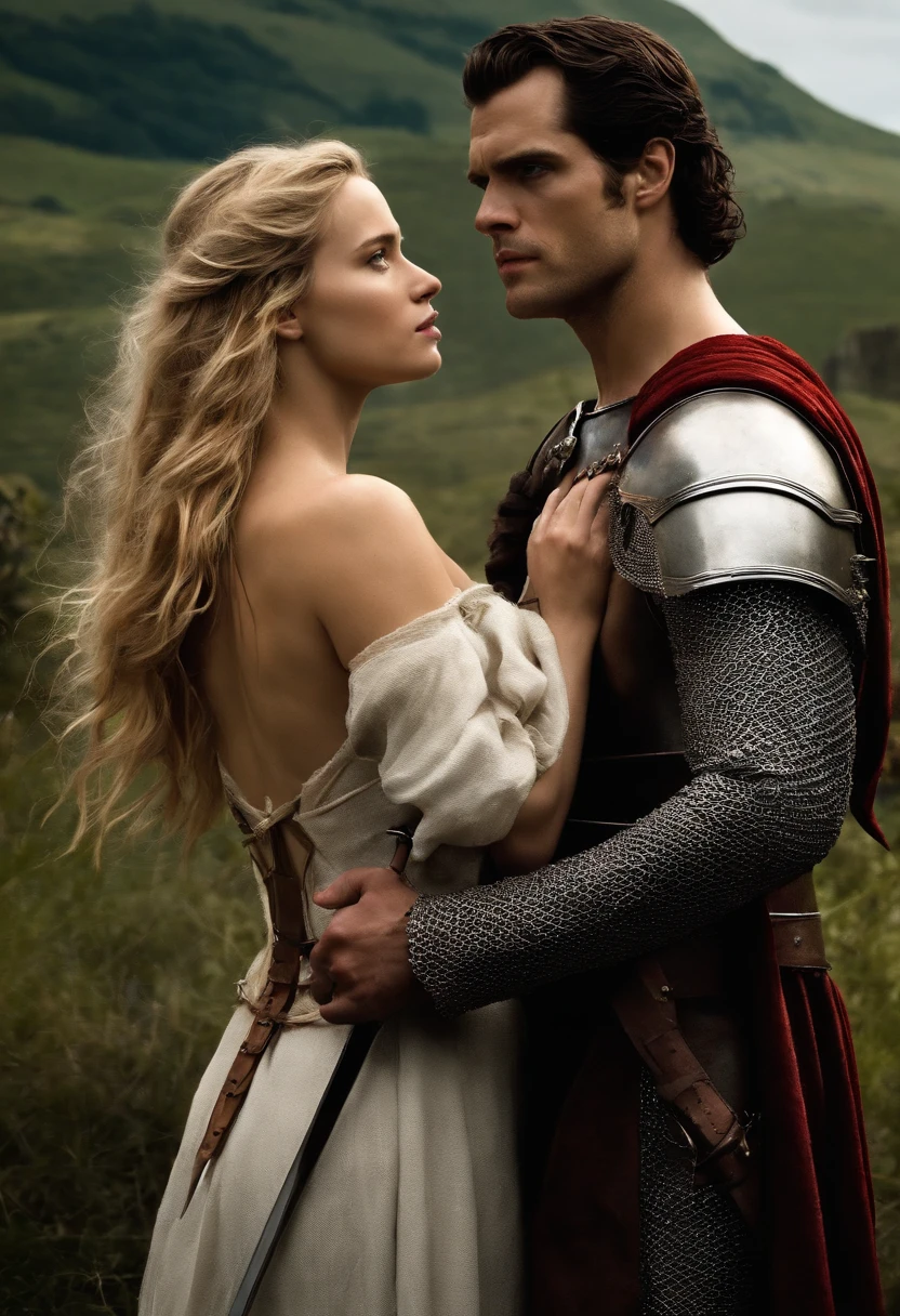 Couple standing, Henry Cavill, as a knight Templar, medieval fort in background, long hair, long sword in hand, and Jennifer Lawrence as a beautiful damsel behind him, large breasts, completely naked, a transparent cloth wrapped around her, on battlefield
