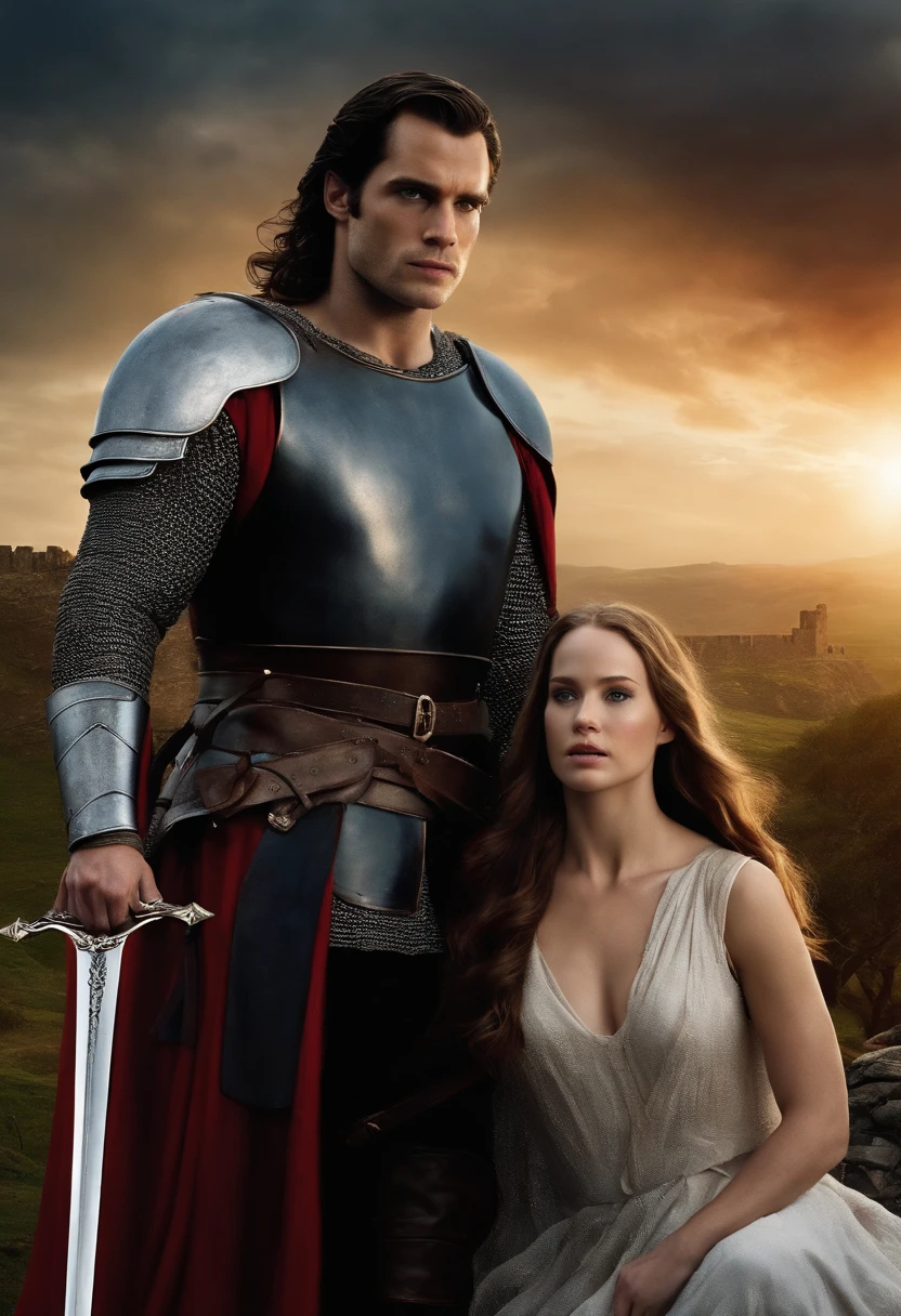 Couple standing, Henry Cavill, as a knight Templar, medieval fort in background, long hair, long sword in hand, and Jennifer Lawrence as a beautiful damsel behind him, large breasts, completely naked, a transparent cloth wrapped around her, on battlefield