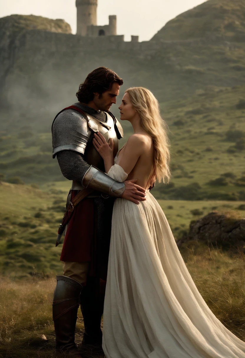 Couple standing, Henry Cavill, as a knight Templar, medieval fort in background, long hair, long sword in hand, and Jennifer Lawrence as a beautiful damsel behind him, large breasts, completely naked, a transparent cloth wrapped around her, on battlefield
