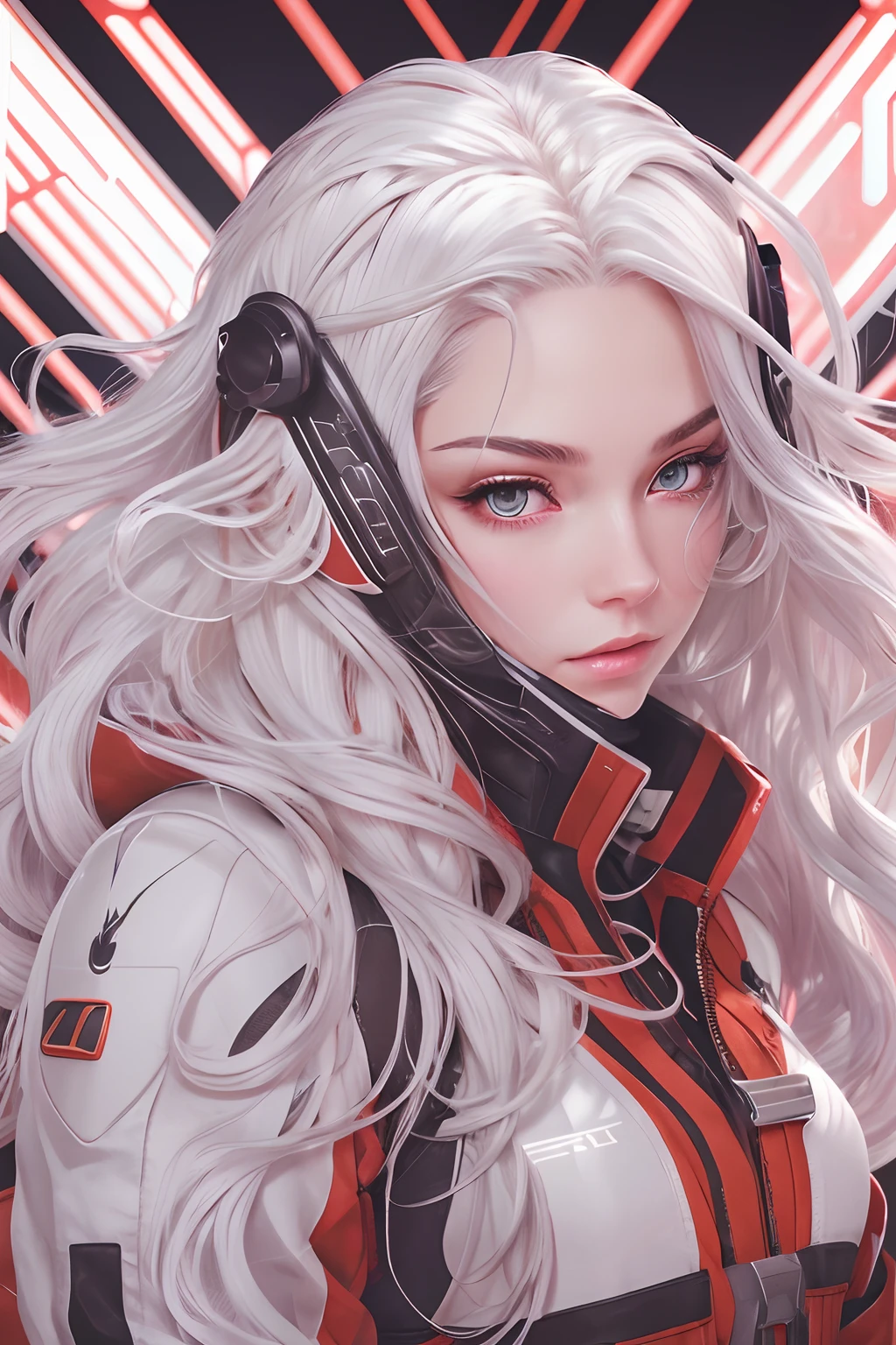 Girl with white hair and long hair in pilot suit standing on black and red background. Her eyes are white and overshadowed, Highlight her mystical aura. Her skin is white and perfect, Adding to her ethereal look. White hair flows down the back, Flowing in the wind. Pilot suit is a single color, white, Represents purity and elegance. The girl exudes a sense of confidence and determination, Ready to embark on a special journey. Black and red backgrounds are、Creates a contrasting and dramatic atmosphere. Lighting is focused on girls, Illuminate her features、Emphasizes her seductive eyes. The overall quality of the images is of the highest standard, Ultra-detailed and realistic rendering. The colors are vivid and vivid, Bring your scene to life. Artistic style is、It's a blend of photorealism and science fiction., Create visually stunning compositions.