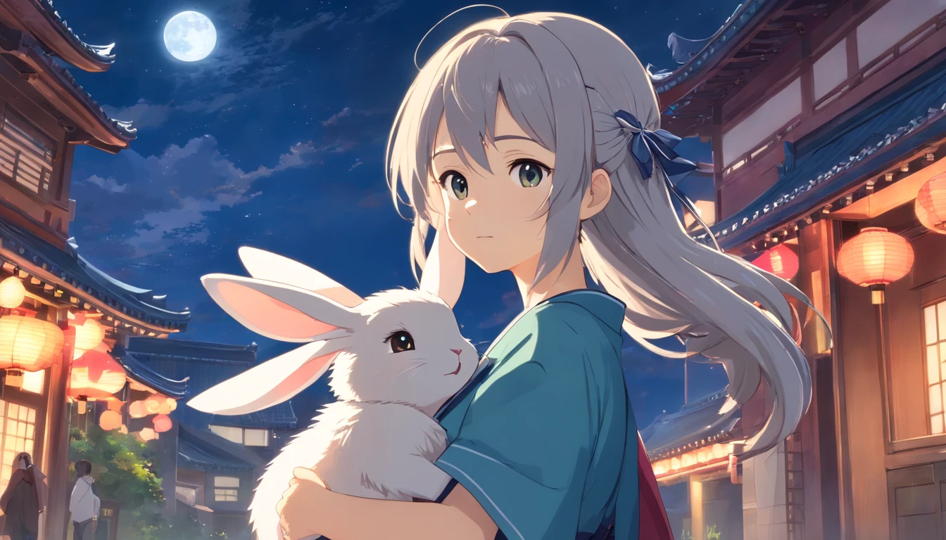 Long hair,the night,full moon,Silver-haired rabbit-eared girl holding a small rabbit hairpin in one hand,Outside a group of Chinese buildings, Hug with a cheongsam,A little bunny wearing a scalloped bow hairpin,unreal render,reasonable design, high detal, Masterpiece, Best quality, hyper HD,