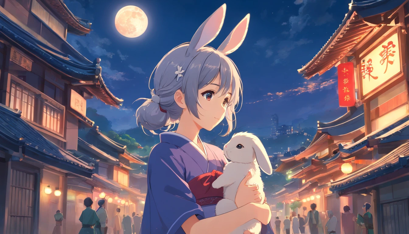 Long hair，the night，full moon，Silver-haired rabbit-eared girl holding a small rabbit hairpin in one hand，Outside a group of Chinese buildings, Hug with a cheongsam，A little bunny wearing a scalloped bow hairpin，unreal render,reasonable design, high detal, Masterpiece, Best quality, hyper HD,