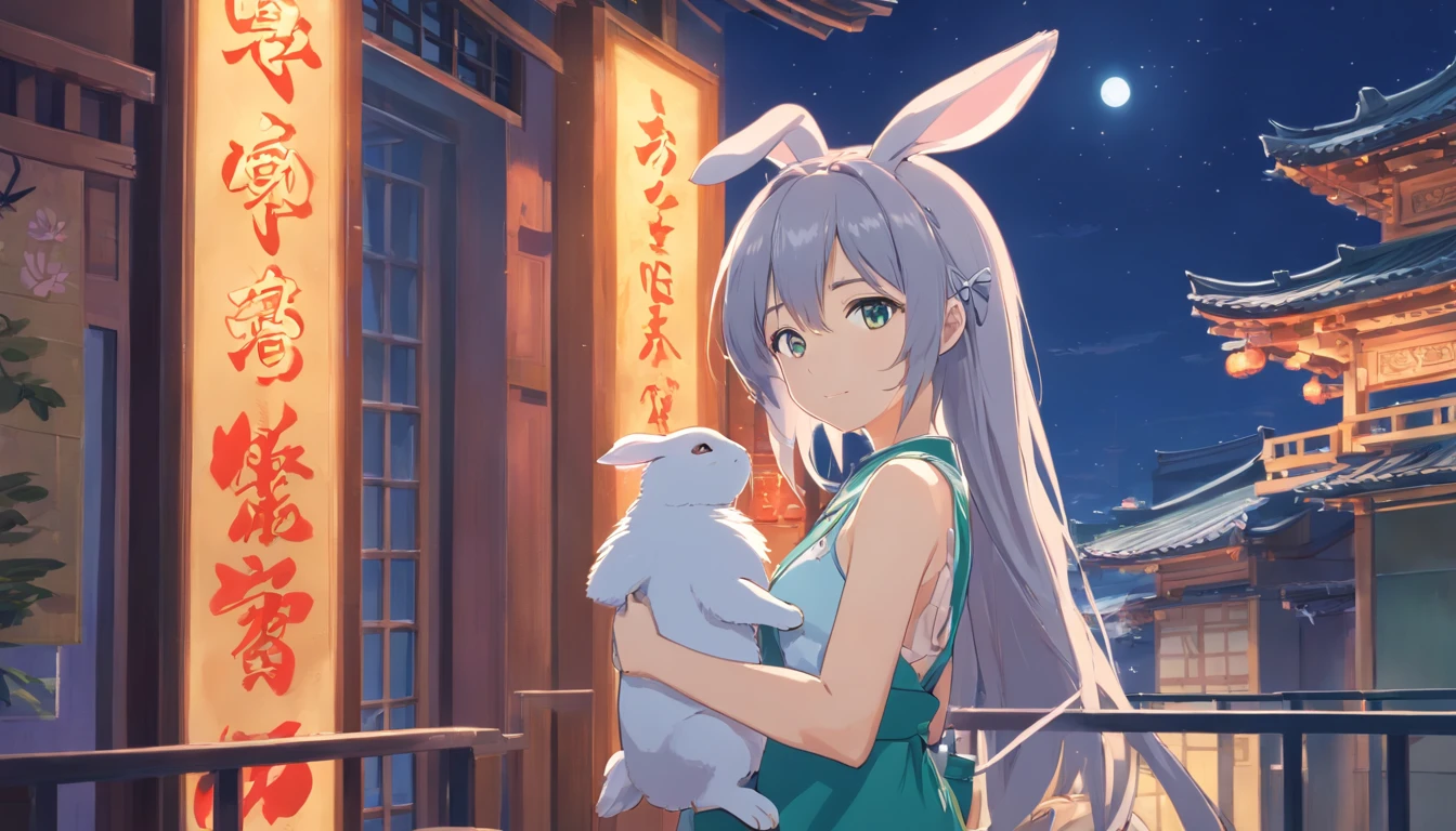 Long hair,the night,full moon,Silver-haired rabbit-eared girl holding a small rabbit hairpin in one hand,Outside a group of Chinese buildings, Hug with a cheongsam,A little bunny wearing a scalloped bow hairpin,unreal render,reasonable design, high detal, Masterpiece, Best quality, hyper HD,