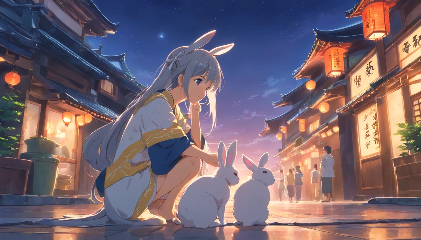 Long hair,the night,full moon,Silver-haired rabbit-eared girl holding a small rabbit hairpin in one hand,Outside a group of Chinese buildings, Hug with a cheongsam,A little bunny wearing a scalloped bow hairpin,unreal render,reasonable design, high detal, Masterpiece, Best quality, hyper HD,