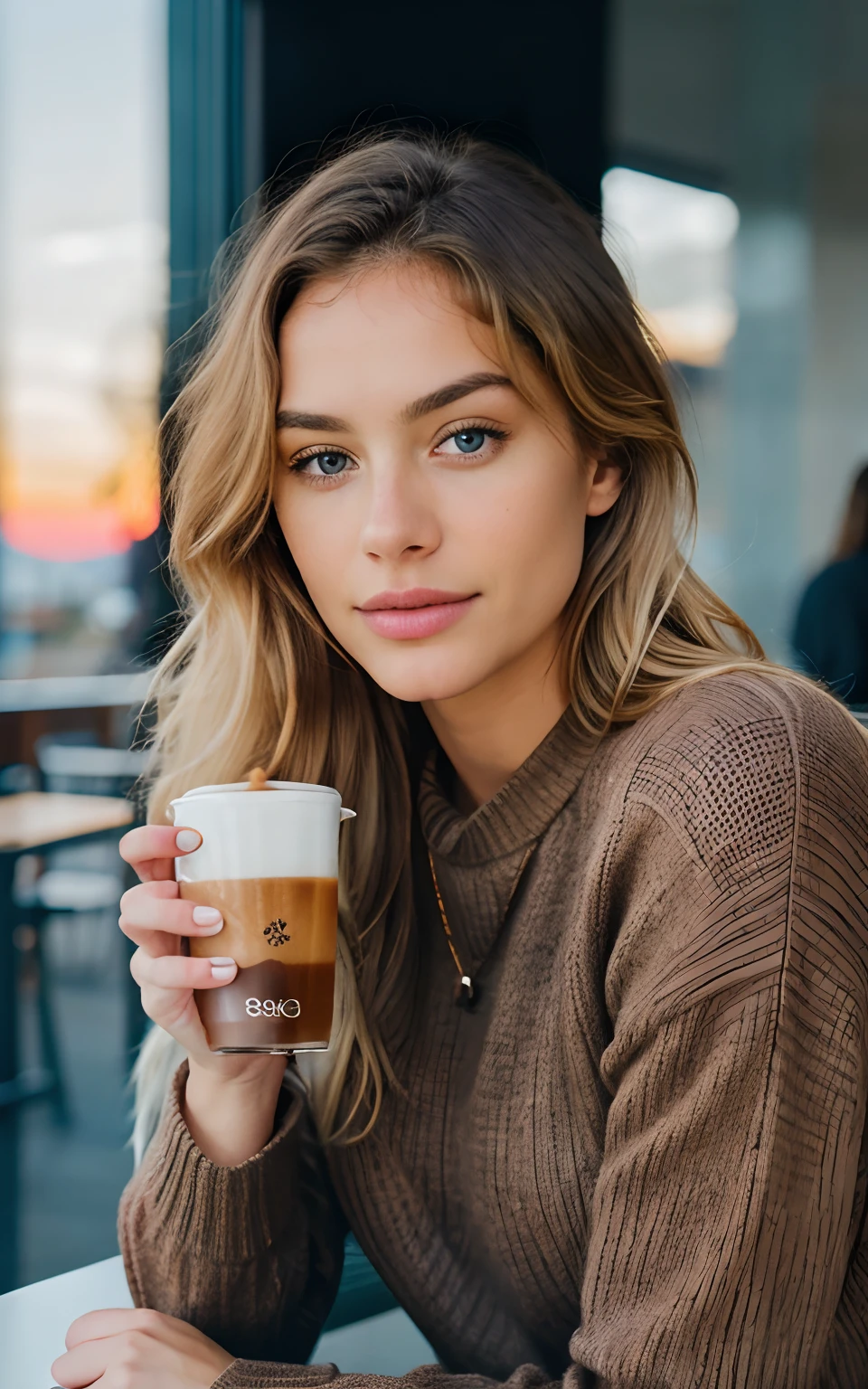 beautiful blonde wearing brown sweater (sipping coffee inside a modern café at sunset), very detailed, 21 years old, innocent face, natural wavy hair, blue eyes, high resolution, masterpiece, best quality, intricate details, highly detailed, sharp focus, detailed skin, realistic skin texture, texture, detailed eyes, professional, 4k, charming smile, shot on Canon, 85mm, shallow depth of field, kodak vision color, perfect fit body, extremely detailed, foto_\(ultra\), photorealistic, realistic, post-processing, maximum detail, roughness, real life, ultra realistic, photorealism, photography, 8k uhd, photography