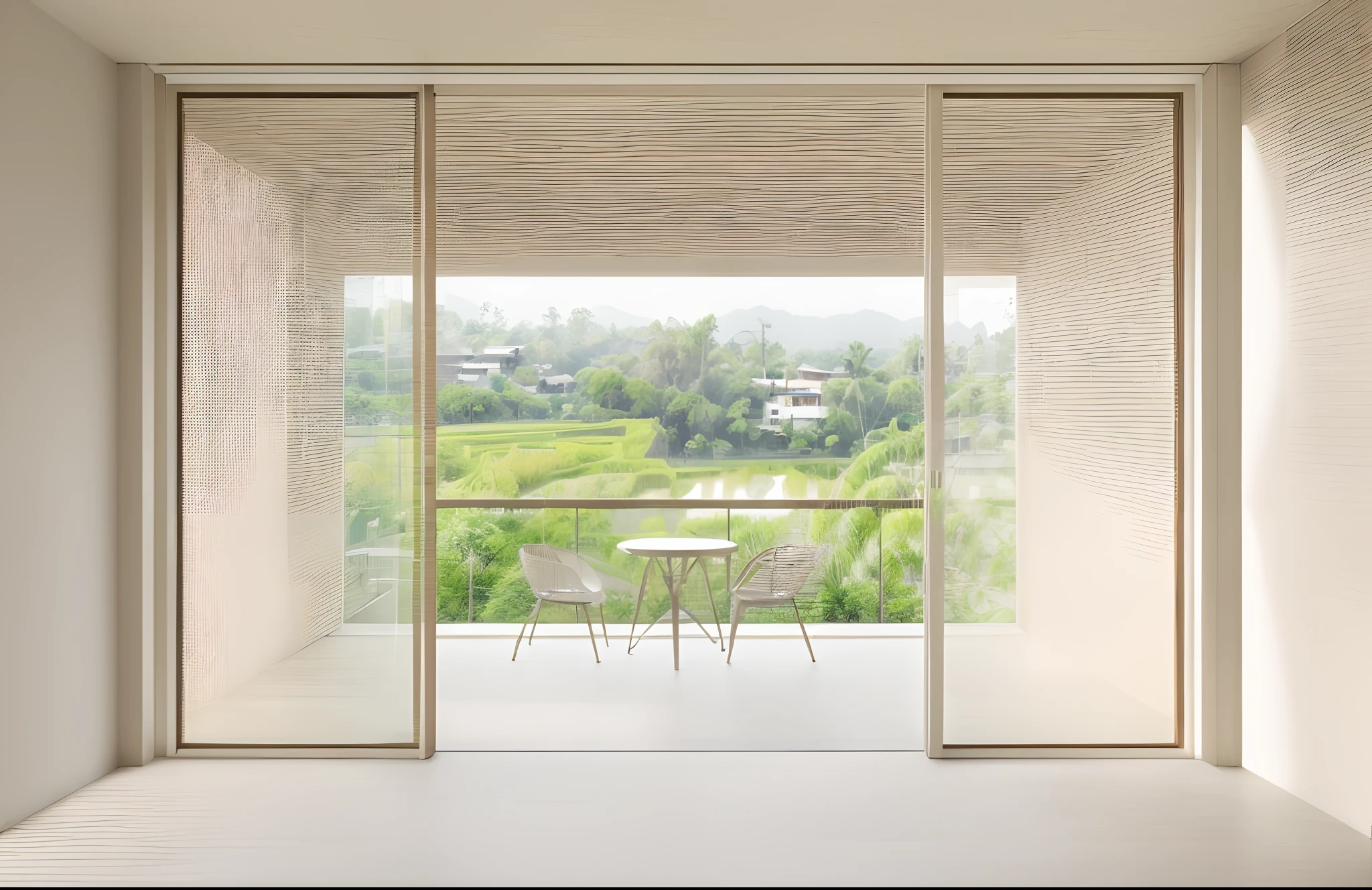 in the morning time,interor room look outside to balcony, a table and to chair in balcony, beautiful rice field landscape outside, flat white ceiling, (masterpiece), high quality image