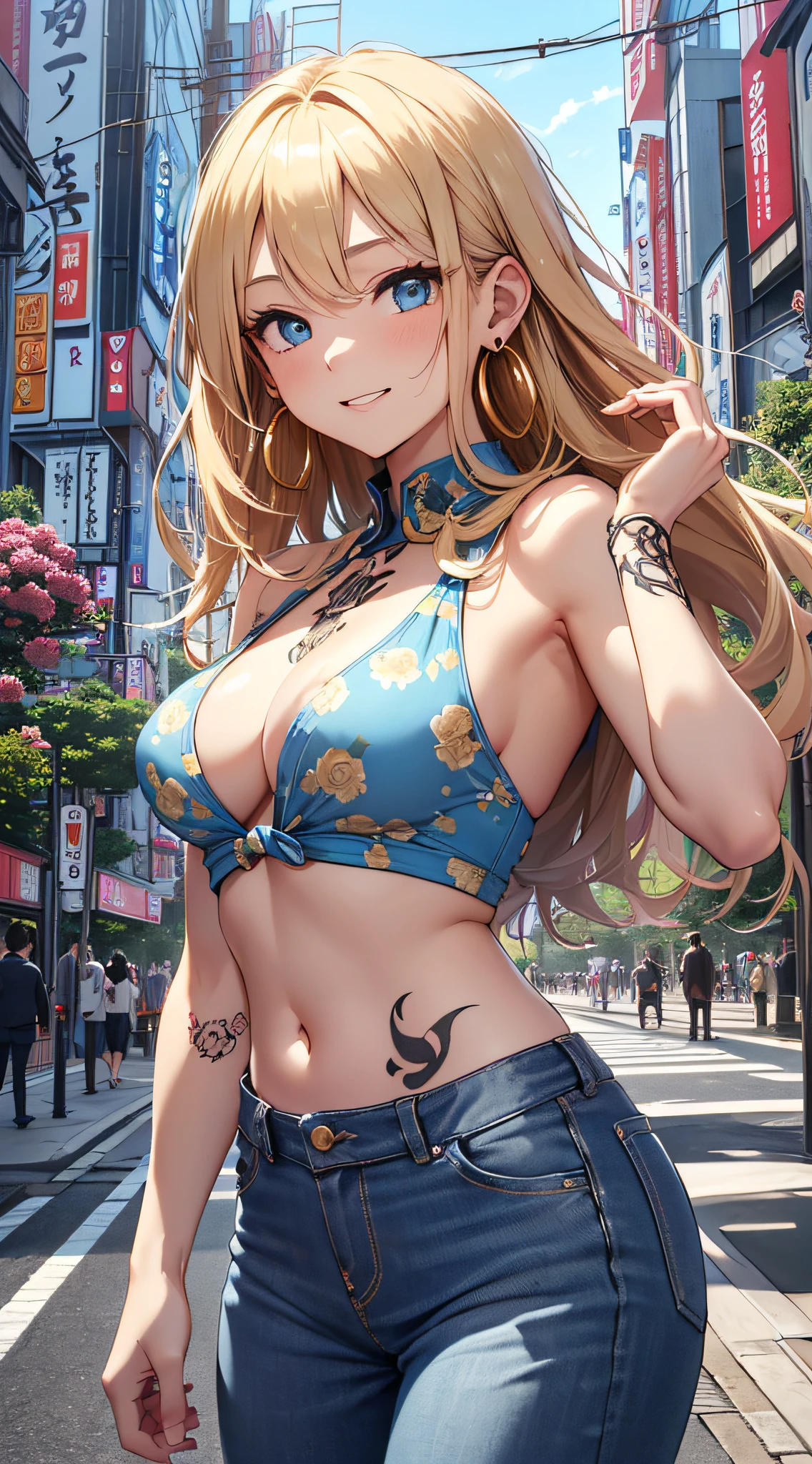 top-quality、Top image quality、​masterpiece、girl with((18year old、 Beautiful Aloha Shirts、White navel tank top、Blue long trousers、Best Bust、Bust 85、a blond、Semi-long、Blue eyes、open chest wide、Valley、Happiness、A slender、Shy face、Gold Earrings、Tattoo of roses、Seduction poses、Reach out、bending forward)）hiquality、Beautiful Art、Background with((The city of Tokyo、In front of the station))、masutepiece、Elaborate design、visualart