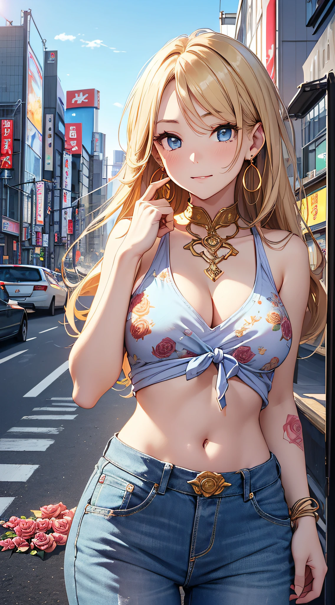 top-quality、Top image quality、masterpiece、girl with((18year old、 Beautiful Aloha Shirts、White navel tank top、Blue long trousers、Best Bust、Bust 85、a blond、Semi-long、Blue eyes、open chest wide、Valley、Happiness、A slender、Shy face、Gold Earrings、Tattoo of roses、Seduction poses、Reach out、bending forward))hiquality、Beautiful Art、Background with((The city of Tokyo、In front of the station))、masutepiece、Elaborate design、visualart
