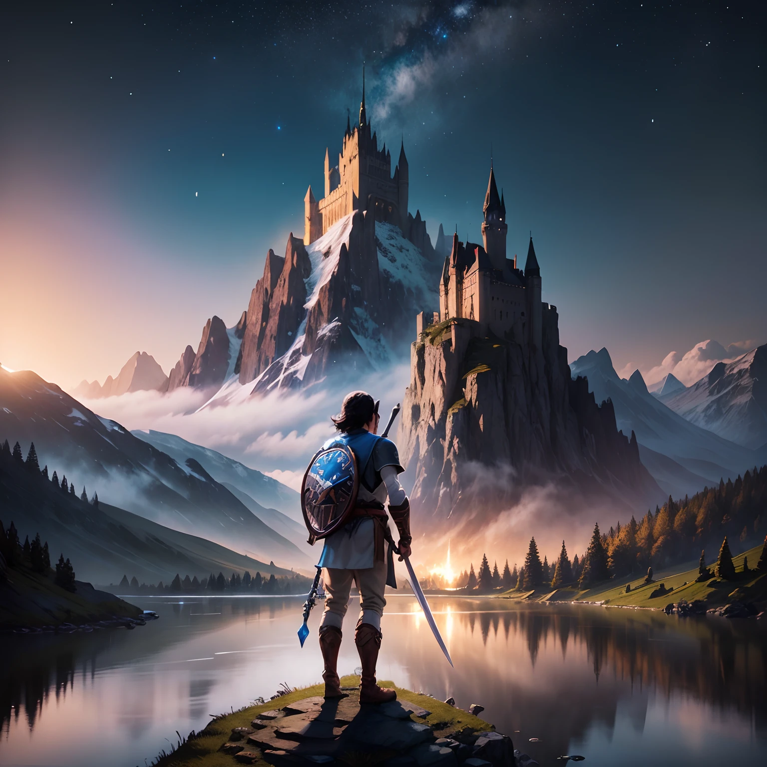 Legend of zelda, male hero holding sword, standing triumphant, dynamic light, mountains, night, stars, moonlight, campfire, reflection lake in background, hyper-realistic, best quality, black hair, medieval, castle on top of mountain in background, shield on back