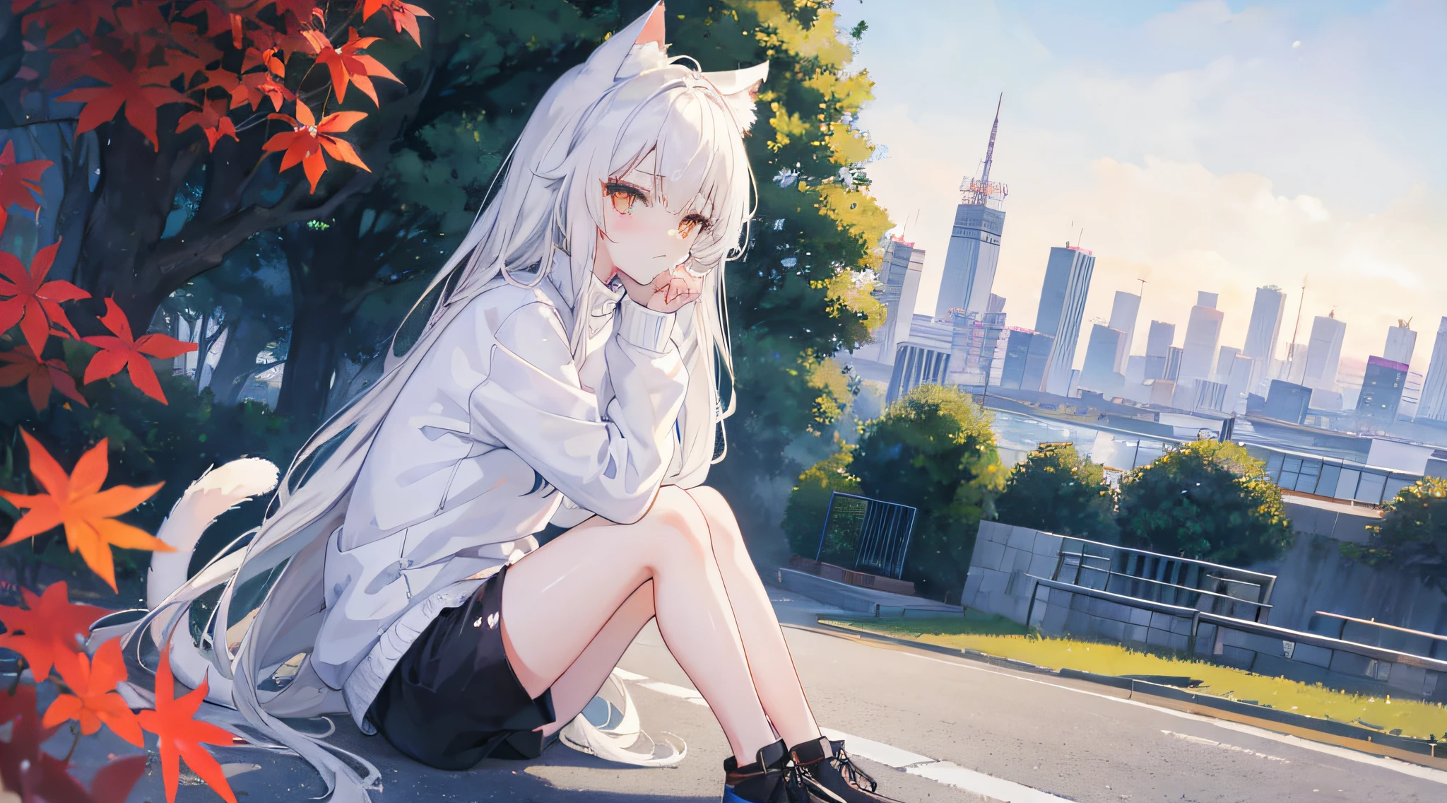 I’m not in a mood today, Looks annoyed, Anime girl, Cat ears, Cat tails, White messy long hair, White eyes, In shape, Cute, White sweater, Black short pants, White legging, background landscape, Tokyo city, Daytime, 4k Best quality, Anime Style 4k, vivid colors, Beautiful landscape, Masterpiece, sharp focus, Sitting on a hedge