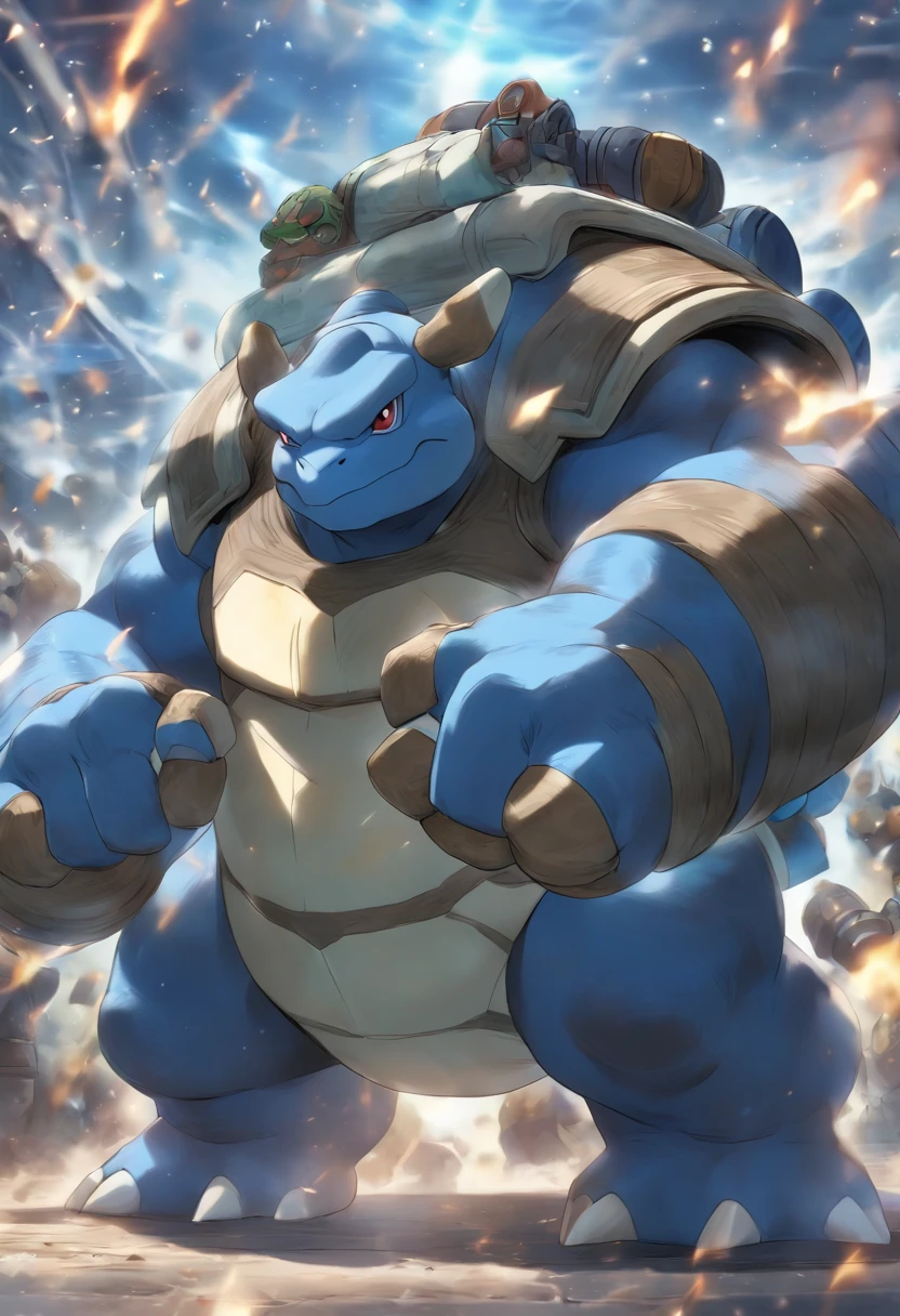 Blastoise is training bench presses，Highest image quality，Cinematic texture，A masterpiece，tmasterpiece，he have two guns at the back