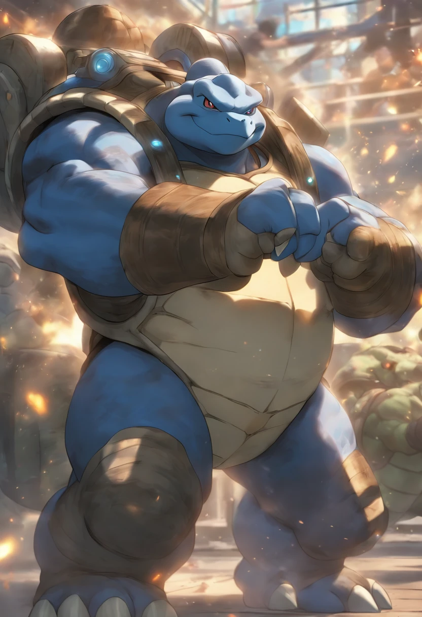 Blastoise is training bench presses,Highest image quality,Cinematic texture,A masterpiece,tmasterpiece,he have two guns at the back