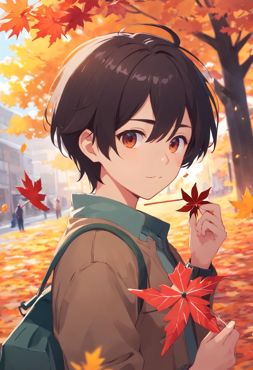 boy, 20 years old, black hair, autumn outfit, red maple leaf, holding small pinwheel, blowing pinwheel, autumn