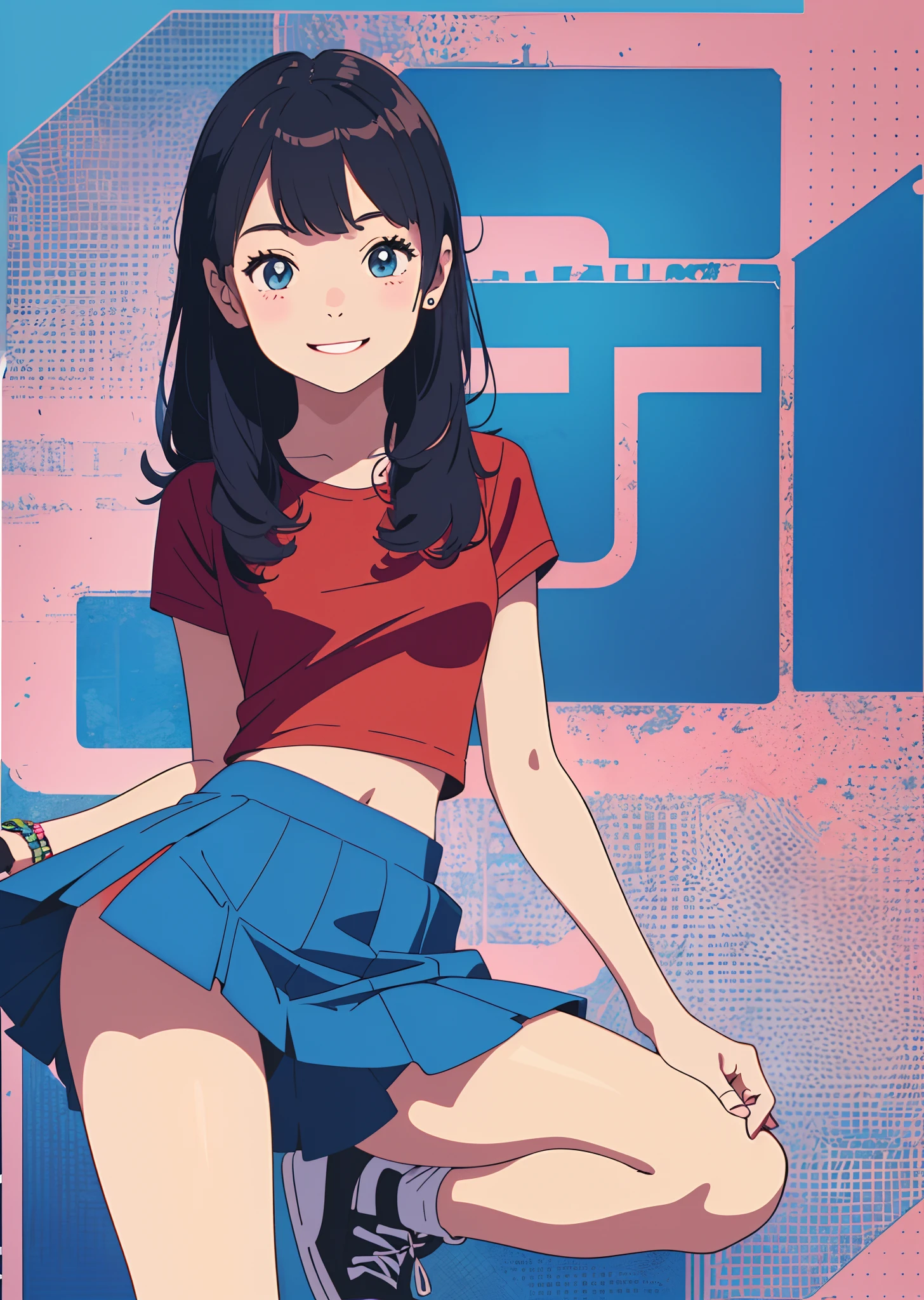 sticker, happy  girl wearing blue mini skirt with red top , vector ,white background --auto --s2