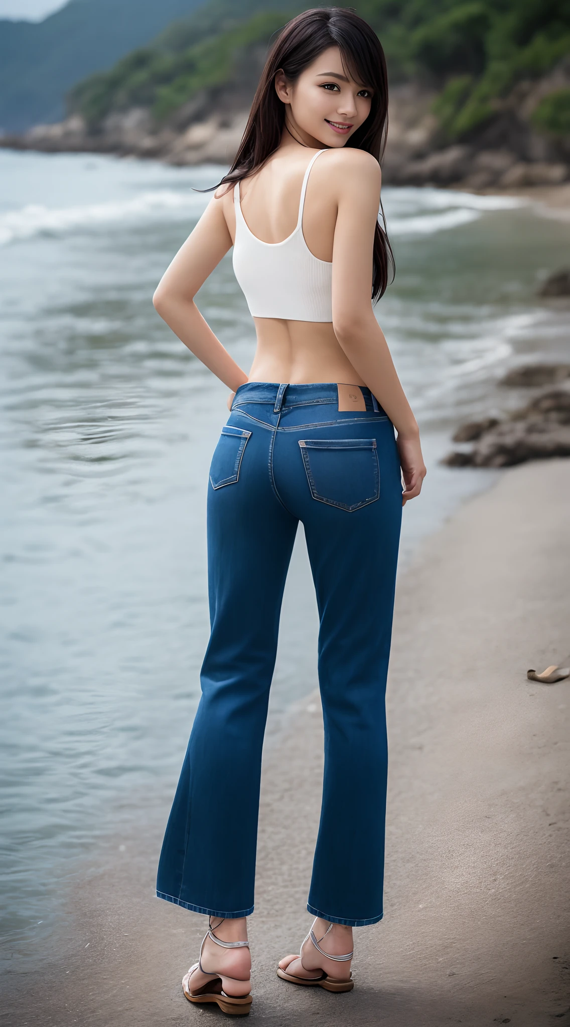 ((Best quality, realisticlying, 8k ultra high definition, Masterpiece: 1.3)), Focus: 1.5, Slim and slim figure，Petite，being thin: 1.4, (long beautiful hair，hair straight，Brown Black，Delicate hair)), (Wet clothes: 1.1) , (rain, sea beach: 1.3), 1 beautiful maiden（18yr old）, 独奏，Black slip sweater, No bra, Raised breasts cleavage, Petite: 1.5, Big breasts Thin waist，Small buttocks，The flat lower abdomen is exposed，Stylish long jeans，（Low Waist），（Open navel）, （Branded fashion flared pants:1.2）, （Stylish washed blue trousers:1.2），Premium texture: 1.3, High-quality granularity, (Nice little crystal sandals: 1.2), Legs are well-proportioned，Highly detailed face and skin texture,petty face，Super nice looking， Beautiful eyes, 二重まぶた , delicated， beautifuldetails， Fair face and skin, Smile, Toothy，lipsticks，There are dimples，(female focus, waistup & hips focus, close focus, hdr shot）, Legs together, varied pose，taken from behind (full bodyesbian: 1.8))