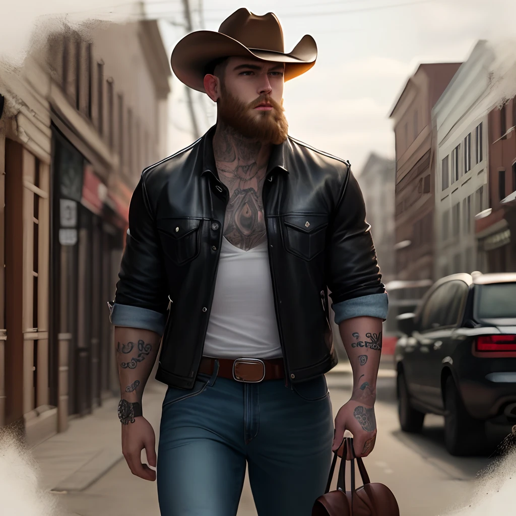 strong looking vampire biker wearing flannel, jeans, cowboy boots, and a cowboy hat. he has a shaved head, a beard and tattoos