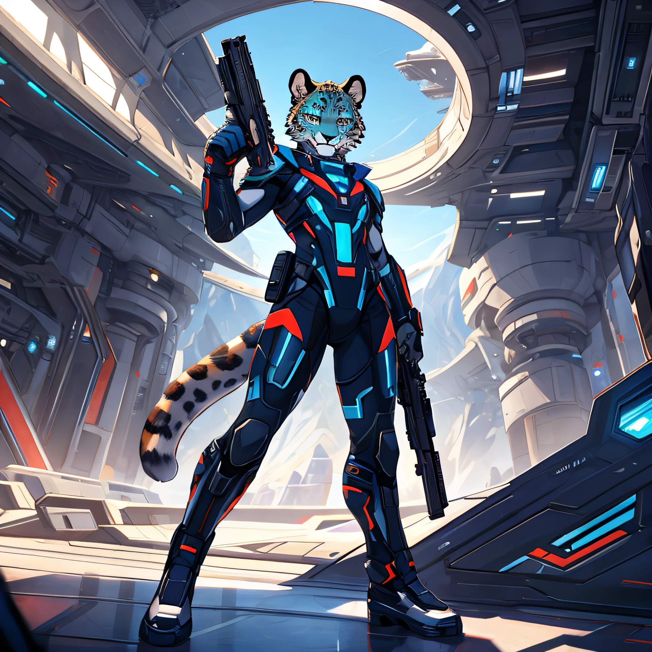 um leopardo, with a futuristic outfit, Holding a futuristic gun in a futuristic landscape.