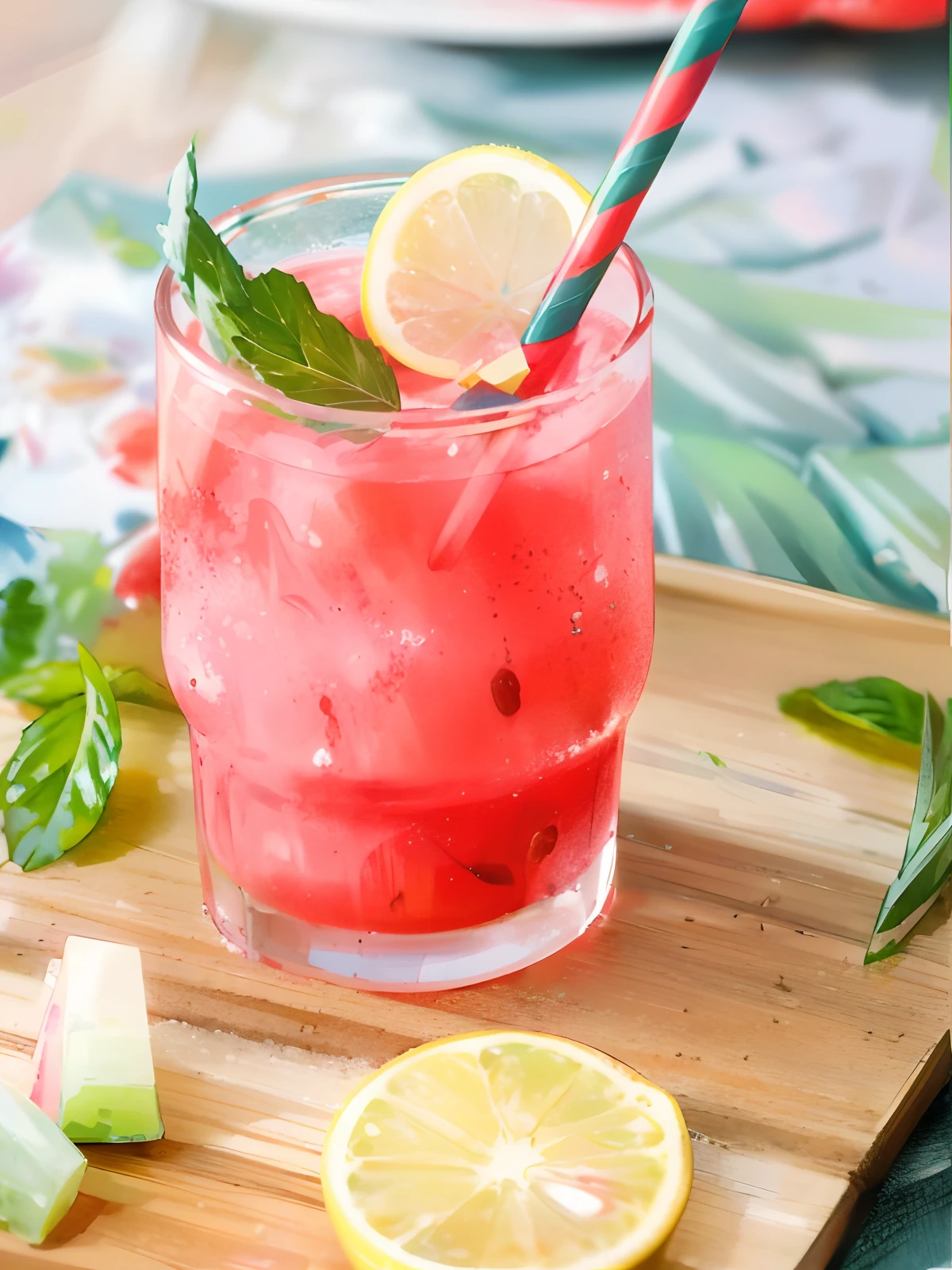 A glass of juice, blue, frozen effect, placed on a wooden tray with two lemons and mint leaves next to it, green and red straws, ultra-realistic food pictures, full theme shown in the photo, Randy Post, hyper realistic&quot;, hyper realistic&quot;, high res photo