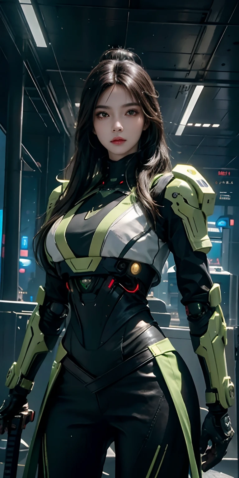 photorealistic, high resolution, soft light,1women, solo, hips up, (detailed face), green long hair, cybersamurai, cyborg, cyberpunk, cyber armor, holding weapon,glowing,gun, space