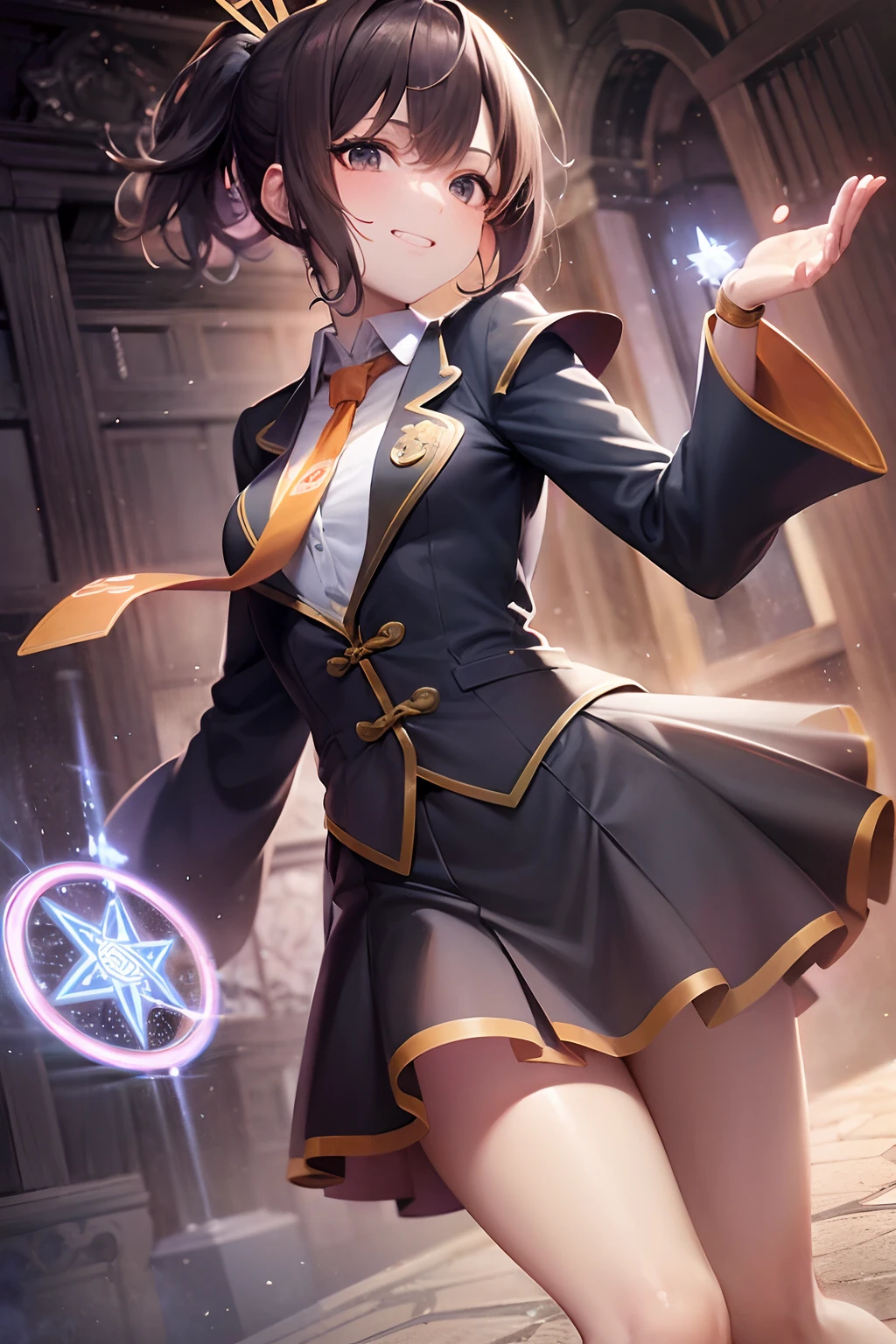 ((Sorcerer:1.5)), flered skirt, ((Kyoto Animation Style)), super precision, masterpiece, very extremely beautiful, Princess Face, Boyish girl, shorth hair, Straight hair, Dark hair, Short ponytail, Black eyes, Smaller chest, BREAK, ((orange necktie)), cowboy shot, dynamicposes, Devilish Smile, ((uses magic:1.5)), ((Stand on a magic circle)), Stone room,