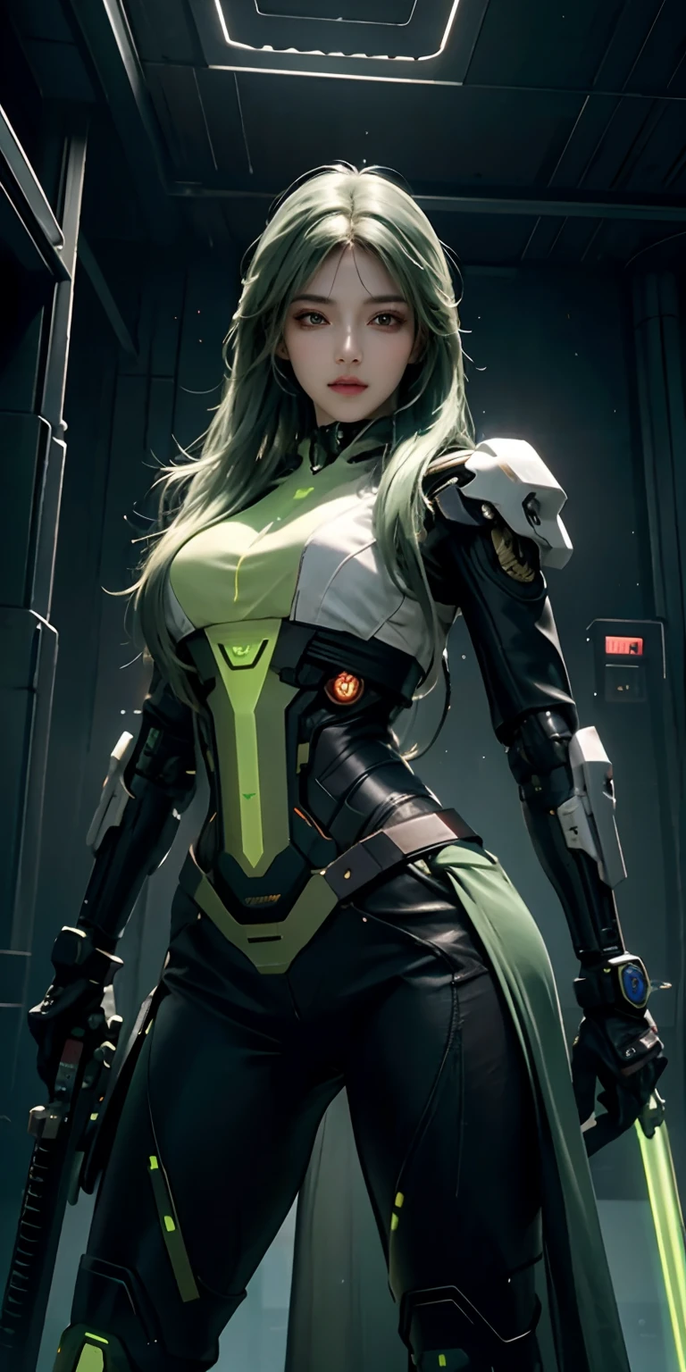 photorealistic, high resolution, soft light,1women, solo, hips up, (detailed face), green long hair, cybersamurai, cyborg, cyberpunk, cyber armor, holding weapon,glowing,gun, space