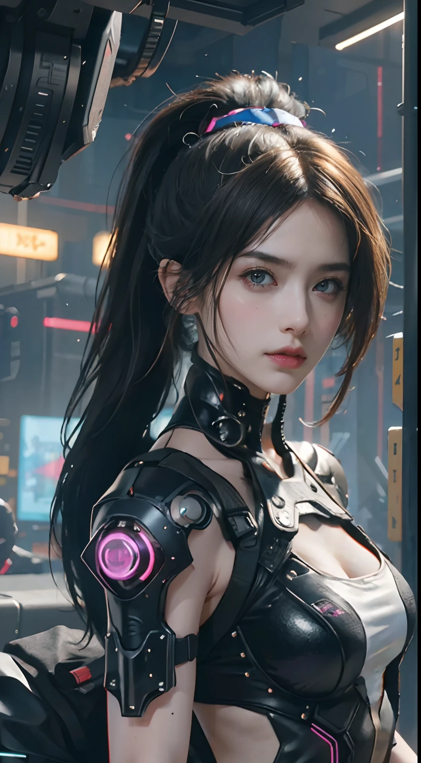 Best quality)), ((Masterpiece)), (Very detailed:1.3), 。.3D, Beautiful (Cyberpunk:1.3)), 1 girl, full bodyesbian, Ponytail white hairstyle, big breast, Slender body, slender hip, Big breasts, Look sideways at the pose, bottom angles, Dressed in full ((Heavy cyberpunk armor)) With neon decoration, (head mounted display), fiber optic cables, company logo, Science fiction, Night cyberpunk city background, gantz, In the Style of Cyberpunk 2077, Ultra Realistic Photo, Masterpiece, Best quality, CG, the wallpaper, hdr, High quality, k hd, Extremely detailed, {Beautiful detailed face}, {Beautiful detailed eyes}, (Detailed light){{intricately details}}, {A high resolution}, ((Detailed face)), Neon light, Chiaroscuro, key visual, intricately details, Highly detailed, Breathtaking, vibrant, Cinematic, Low ISO, White balance, Rule of thirds, Wide aperture, 8K raw data, Efficient subpixels, Subpixel convolution, Luminous Particle,