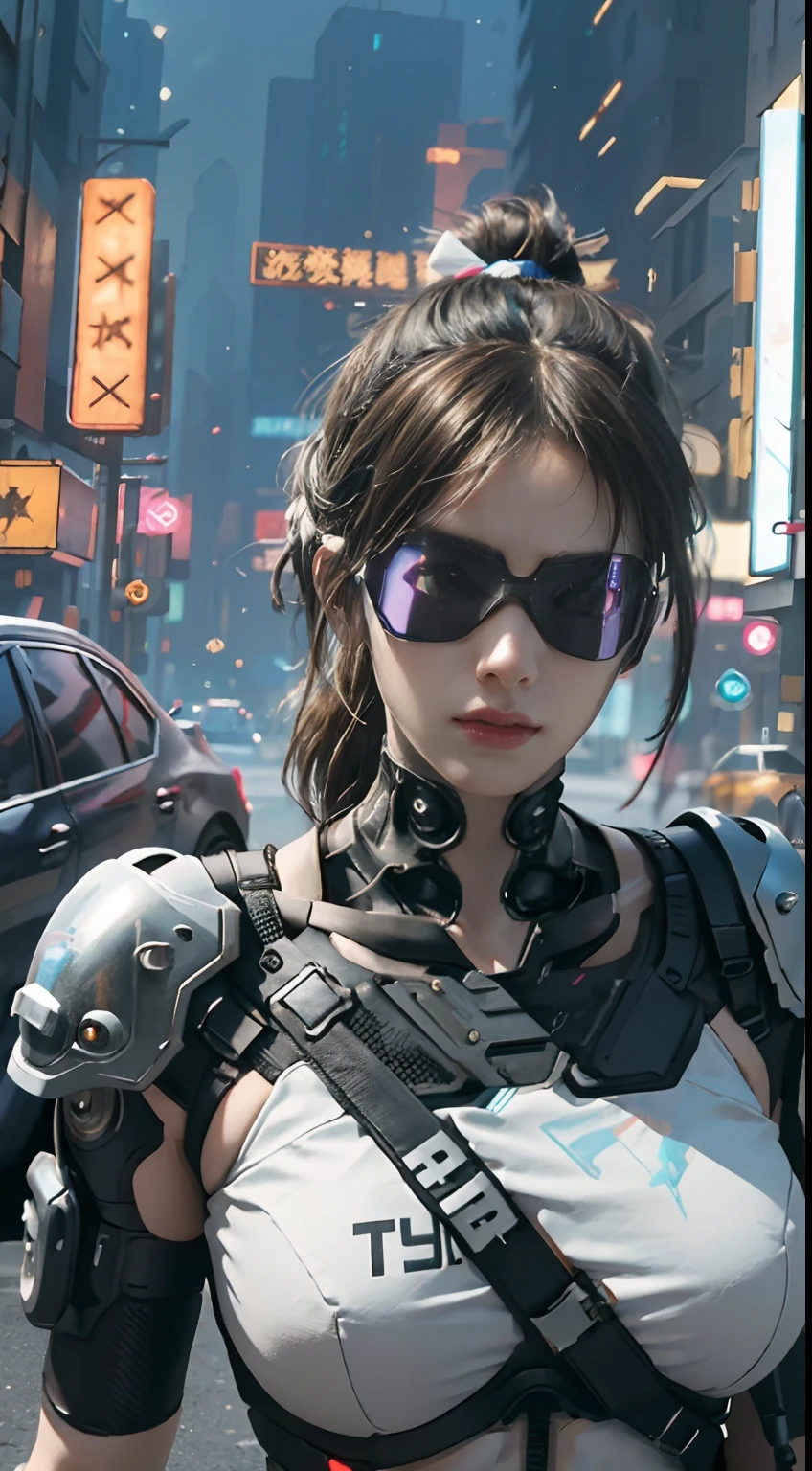 Best quality)), ((Masterpiece)), (Very detailed:1.3), 。.3D, Beautiful (Cyberpunk:1.3)), 1 girl, full bodyesbian, Ponytail white hairstyle, big breast, Slender body, slender hip, Big breasts, Look sideways at the pose, bottom angles, Dressed in full ((Heavy cyberpunk armor)) With neon decoration, (head mounted display), fiber optic cables, company logo, Science fiction, Night cyberpunk city background, gantz, In the Style of Cyberpunk 2077, Ultra Realistic Photo, Masterpiece, Best quality, CG, the wallpaper, hdr, High quality, k hd, Extremely detailed, {Beautiful detailed face}, {Beautiful detailed eyes}, (Detailed light){{intricately details}}, {A high resolution}, ((Detailed face)), Neon light, Chiaroscuro, key visual, intricately details, Highly detailed, Breathtaking, vibrant, Cinematic, Low ISO, White balance, Rule of thirds, Wide aperture, 8K raw data, Efficient subpixels, Subpixel convolution, Luminous Particle,