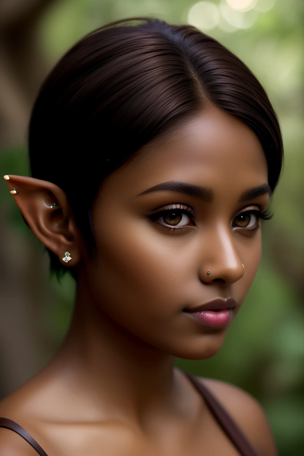Masterpiece, high quality, (Deep brown skin tone), elf, fit, beautiful elf, sexy elf, female, portrait, piercings, virgin, black eyes, princess, Aesthetic, pixie cut, LOTR, photographic