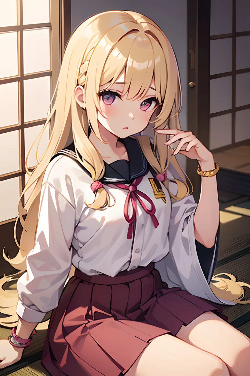 1 girl, solo, masterpiece, blonde hair,open hairstyle, straight haired,long hair, scattered hair, pink lips, Japanese school shirt, Japanese skirt,cute and beautiful illustration,soft, bracelet.