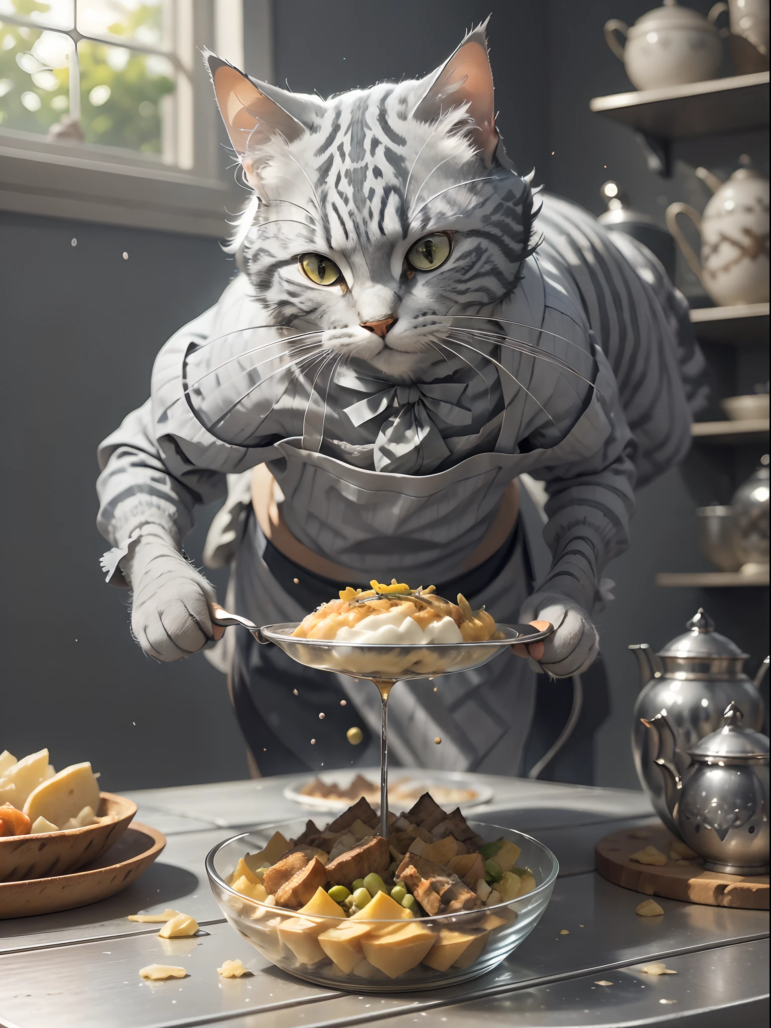 Close-up photo (Gray tabby cat preparing food on table:1.2), (c4ttitude:1.3), in glasstech kitchen, Surreal and intricate details, (nebulous:1.1), Baixiao perspective