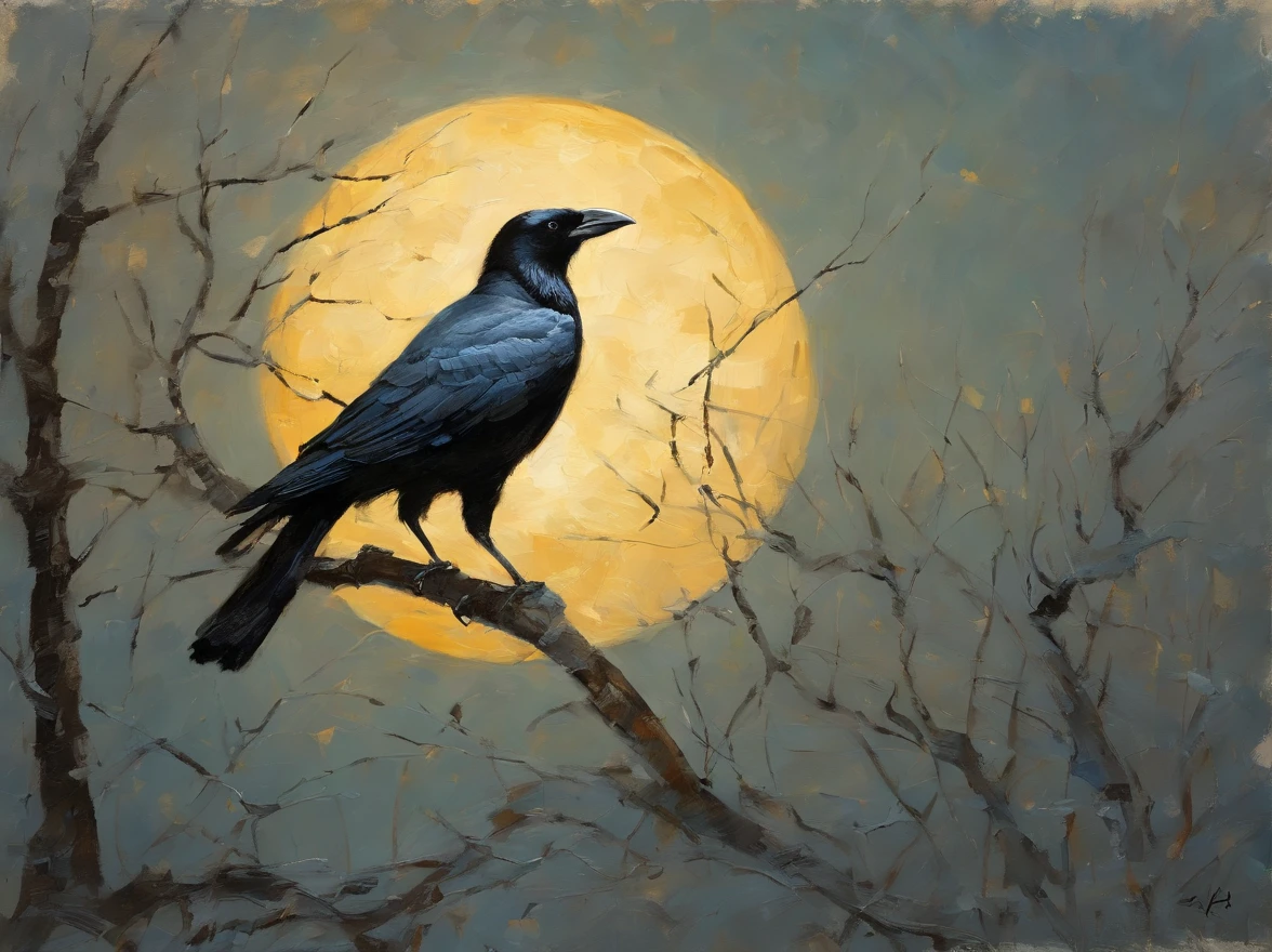 (best quality,4k,8k,highres, old masterpiece:1.2), palette knife, impressionism, Childe Hassam, Ramon Casas, John Atkinson Grimshaw, Frederic Remington, White moonlight with a hint of blue, muted colours, faded look, aged, (A crow flying through the night sky against the moon backdrop) depth of field, grainy