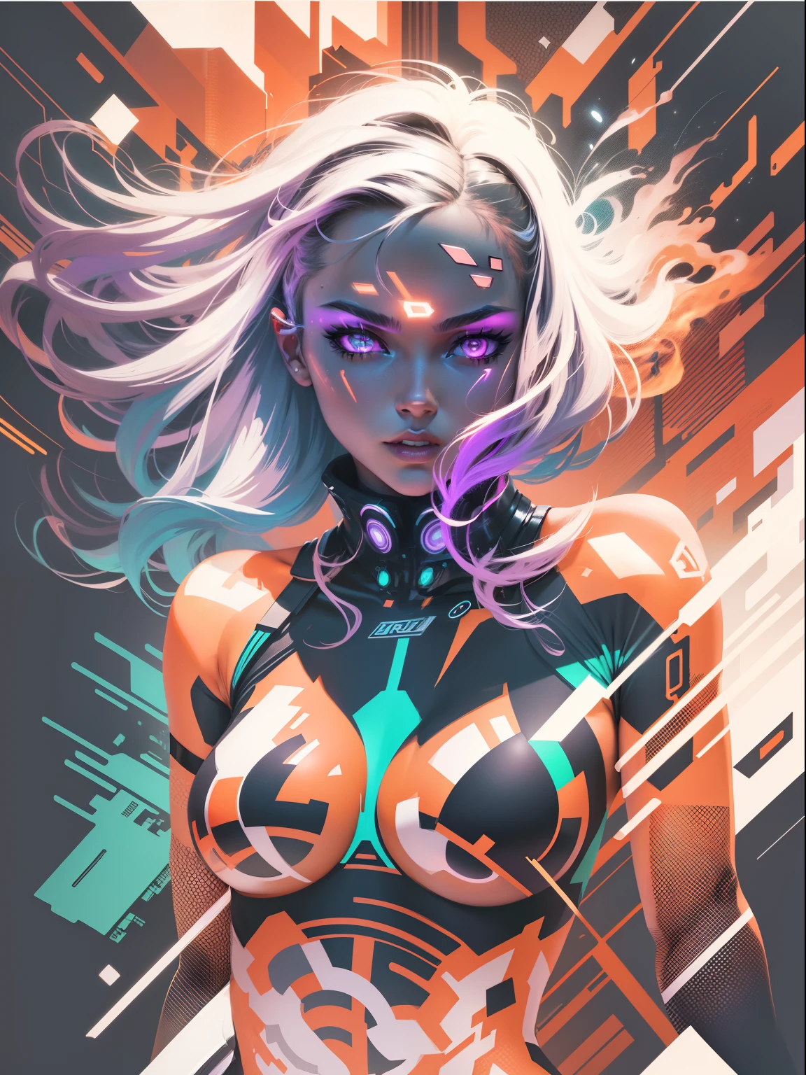 graphic design t-shirt, flat design, futuristic cyberpunk girl in mix of tones, sexy body, topless, flashing tits, big tits, metal skin, metal nipples, laser beams, purple emissive eyes, colorful tones, clean highly detailed, vector image, smoke explosion, simple background, flat white background, bright vector ((white background) )