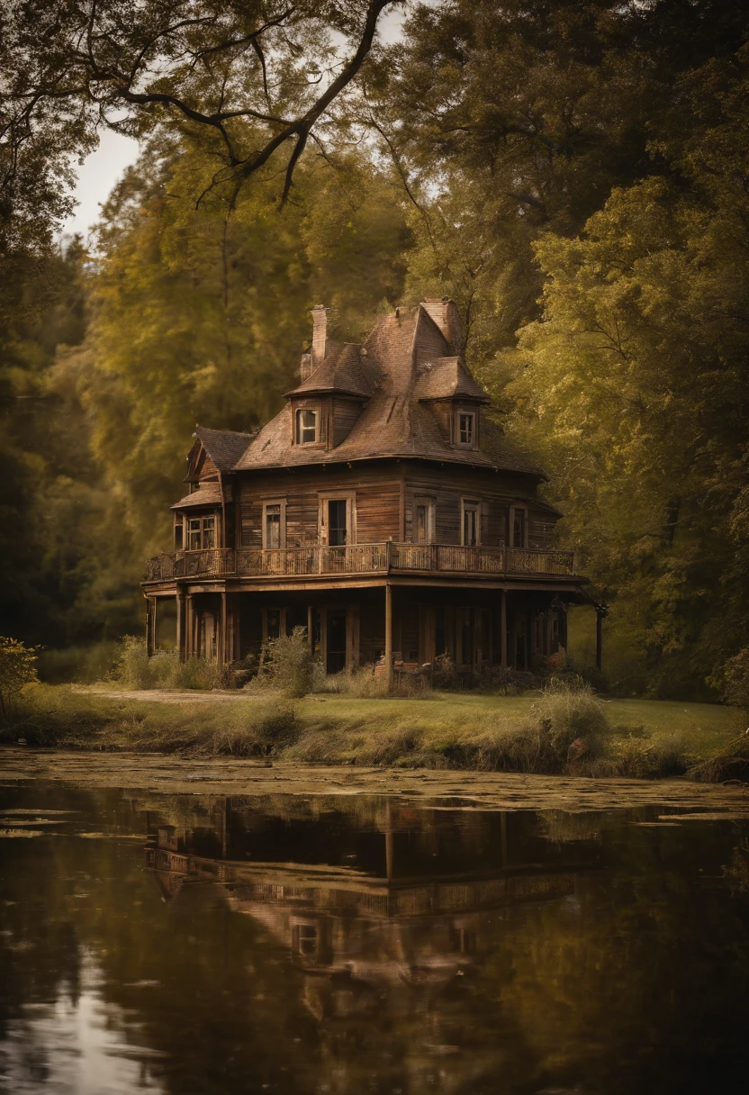 the old house, on font have a lake, on the left have the big trees, on right have the flowers