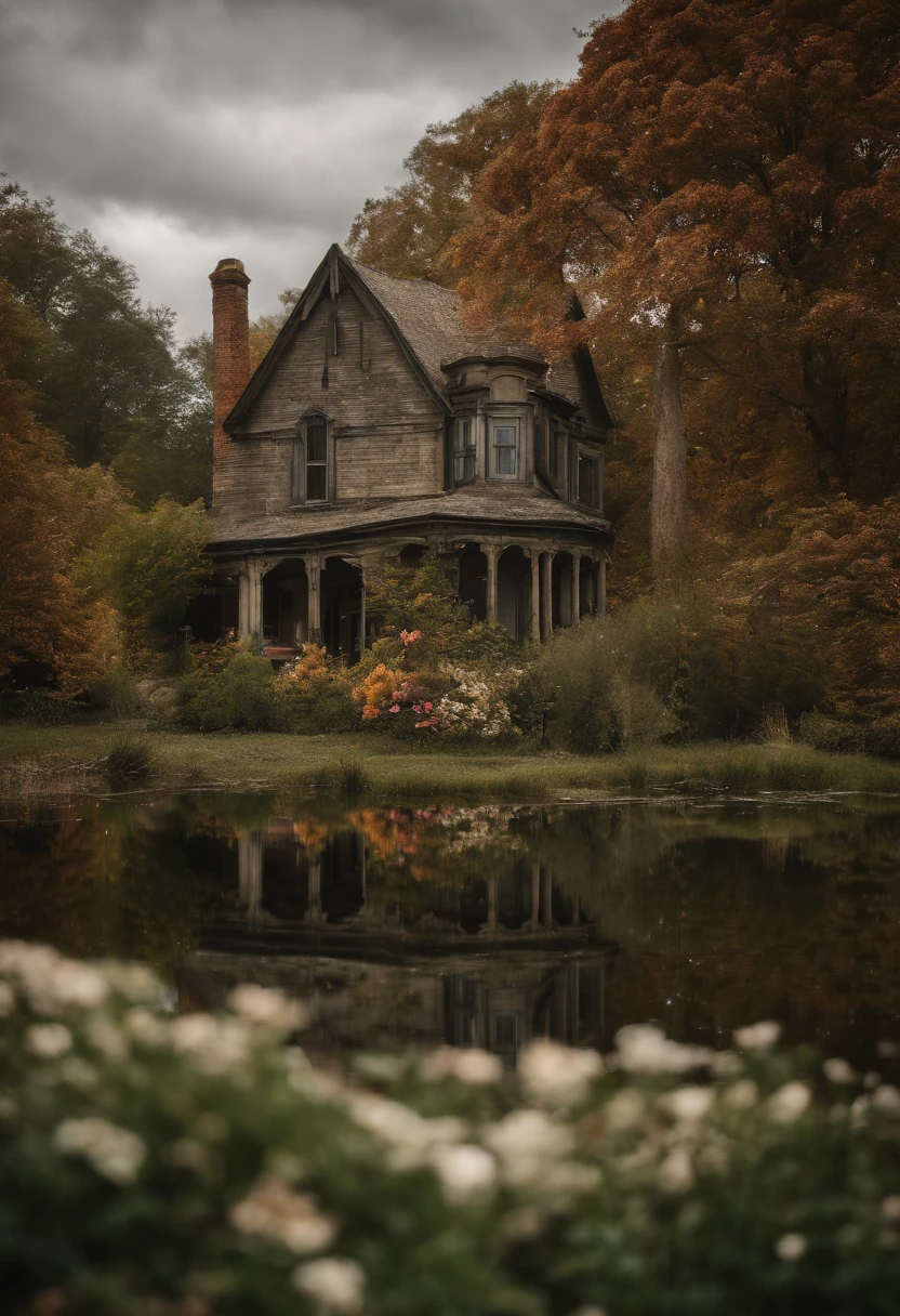 A close up of a house with a pond in front of it - SeaArt AI