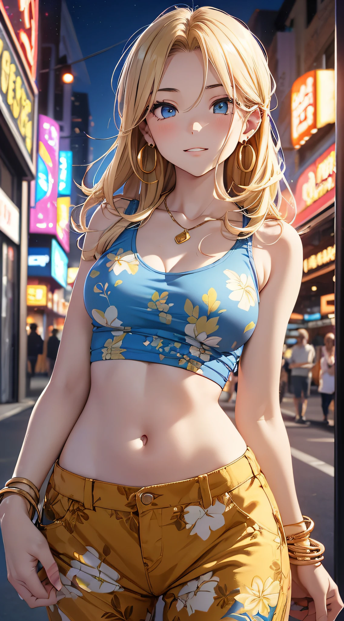 top-quality、Top image quality、masterpiece、girl with((18year old、 Beautiful Aloha Shirts、White navel tank top、Blue long trousers、Best Bust、Bust 85、a blond、Semi-long、Blue eyes、open chest wide、Valley、Happiness、A slender、Shy face、Gold Earrings、Seduction poses、bending forward))hiquality、Beautiful Art、Background with((In front of a cool movie theater))、masutepiece、Elaborate design、visualart