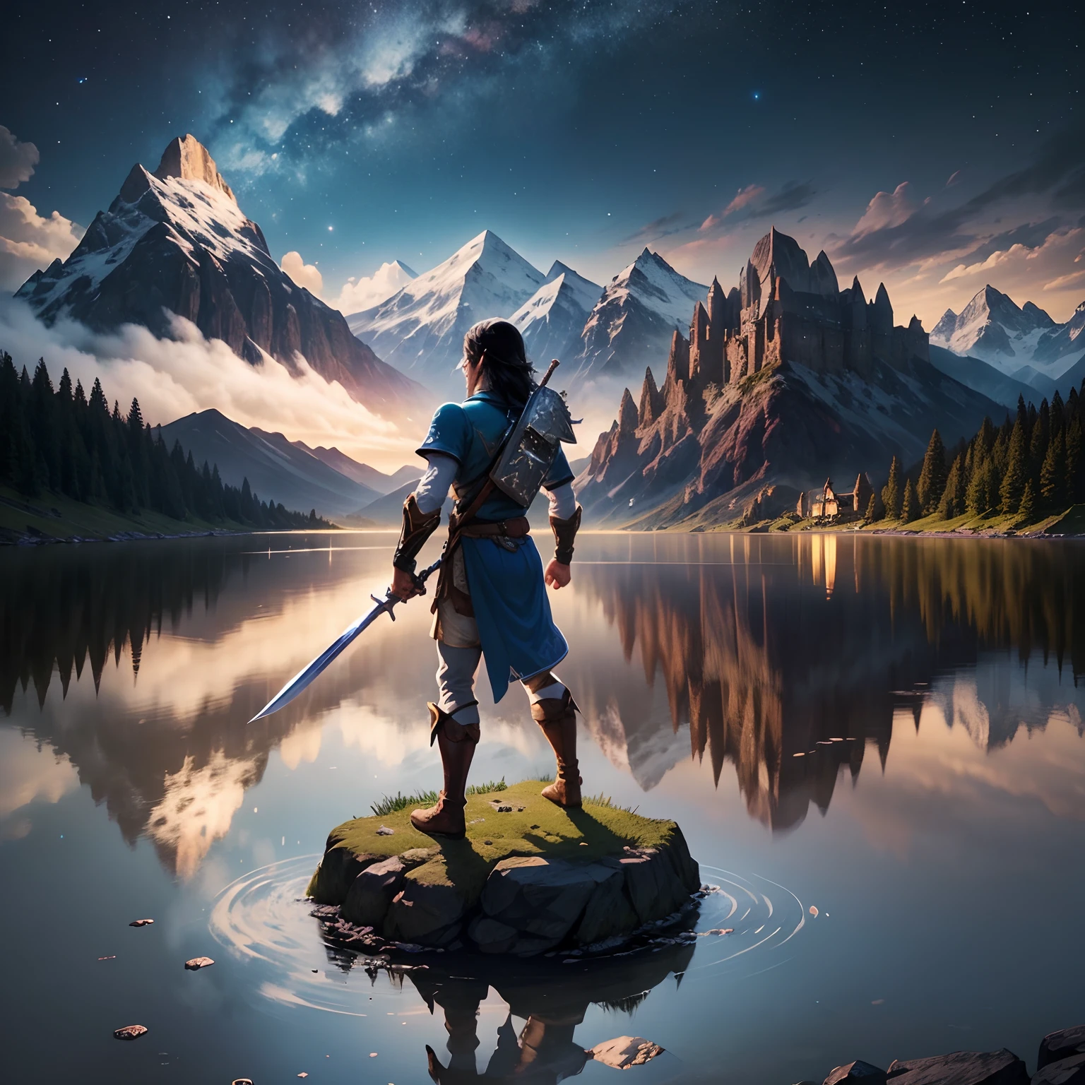 Legend of zelda, male hero holding sword, standing triumphant, dynamic light, mountains, night, stars, moonlight, campfire, reflection lake in background, hyper-realistic, best quality, black hair, medieval, castle on top of mountain in background, shield, facing forward