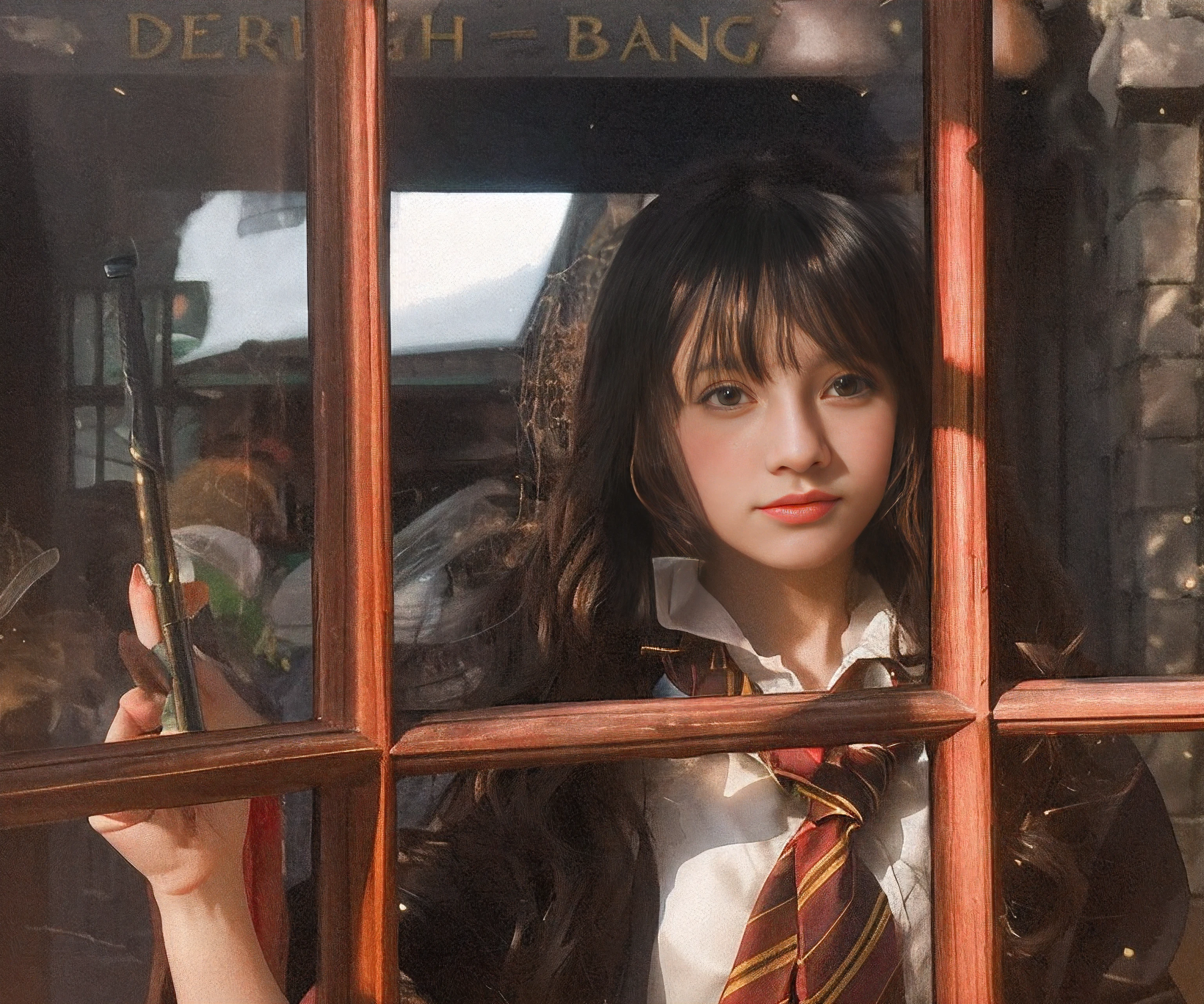 There was a woman in a Harry Potter robe holding a wand, holding a wand, cosplay foto, holding wand, a young female wizard, holding wands, Anime girl cosplay, rpgmaker, realistic cosplay, close up portrait shot, holding the elder wand, beautiful female wizard, Portrait shooting, Anime cosplay, professional cosplay, she is holding a long staff