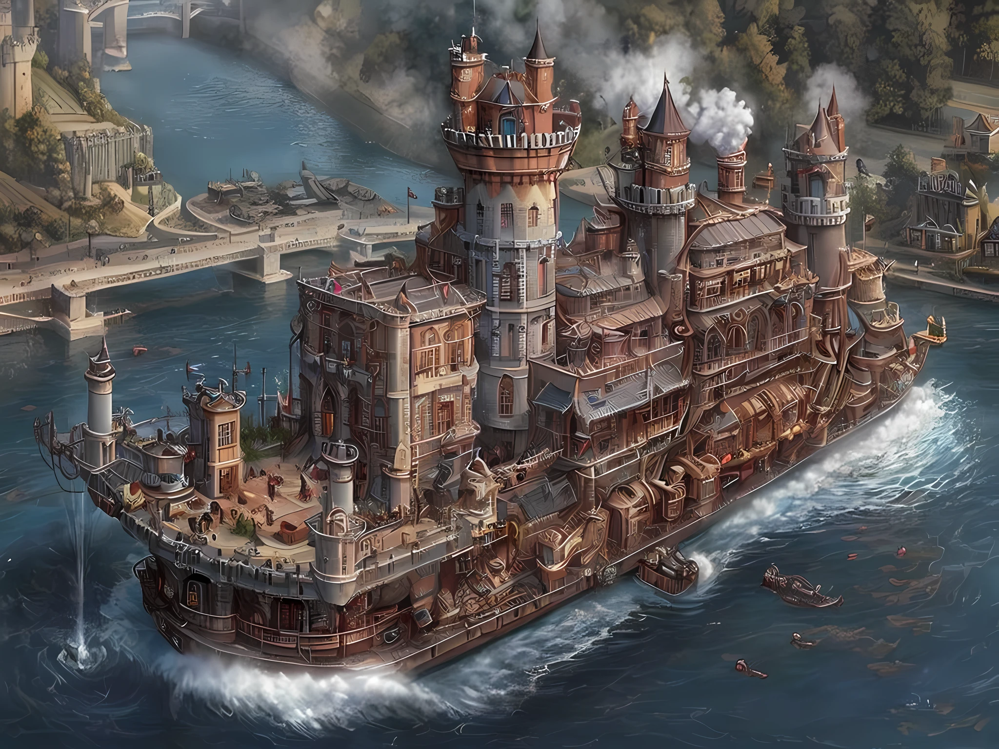 a long shot (picture: 1.3) of a steampunk castle moving on (motorized steam boat: 1.3) on the river, steampunk castle, state of the art, (military thinking, ready for combat: 1.3) with (turrets: 1.1), (towers:1.1), (bridges between towers:1.2), (big barbican:1.1), (canons on the walls: 1.3), wide ricer background, motorized steam boat, platform, (castle on the platform:1.3) huge epic steam boat carrying the castle, photorealistic, 16k, RAW, award winning, (best detailed: 1.5), masterpiece, best quality, (ultra detailed), full body, ultra wide shot,